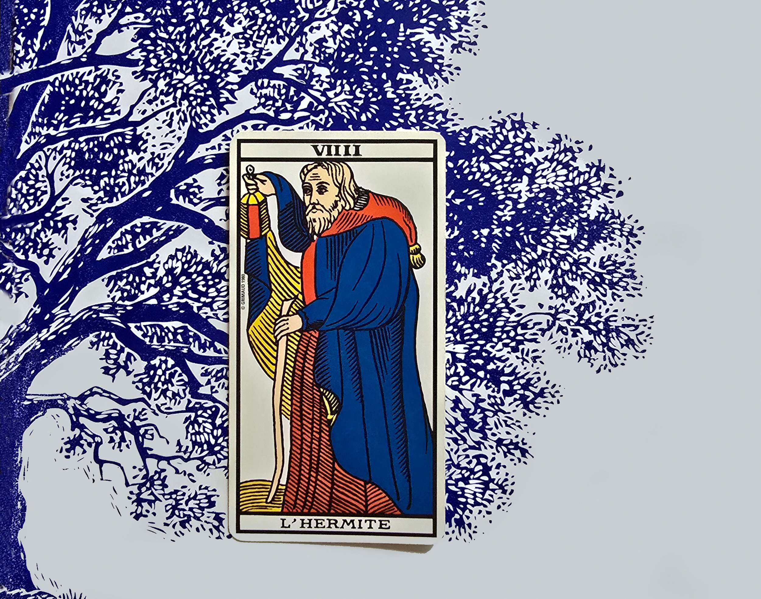 Une carte de tarot L'Hermite, numéro VIII, avec un homme âgé tenant une lanterne et un bâton, devant un arbre en arrière-plan, sur un fond de couleur blanche et bleue.