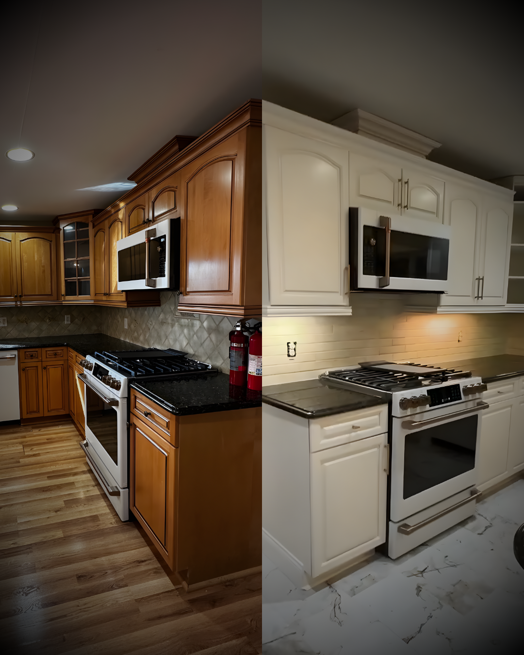 Split-screen photo showing a kitchen before and after renovation: left side has warm wooden cabinets, dark countertops, and hardwood floors; right side has white cabinets, lighter countertops, and marble floors.