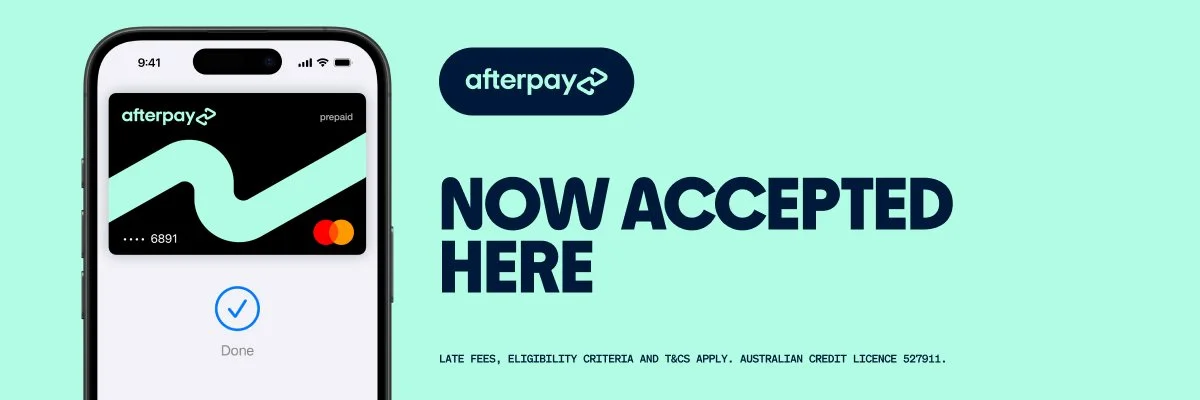 A digital advertisement announcing that afterpay, a prepaid service, is now accepted here. Features a smartphone displaying an afterpay card and the text 'Now Accepted Here' on a mint green background.