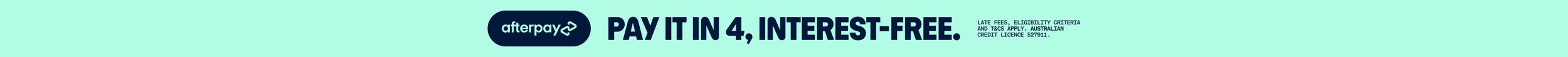 Afterpay advertisement banner with the message 'Pay It in 4, Interest-Free' in bold text.