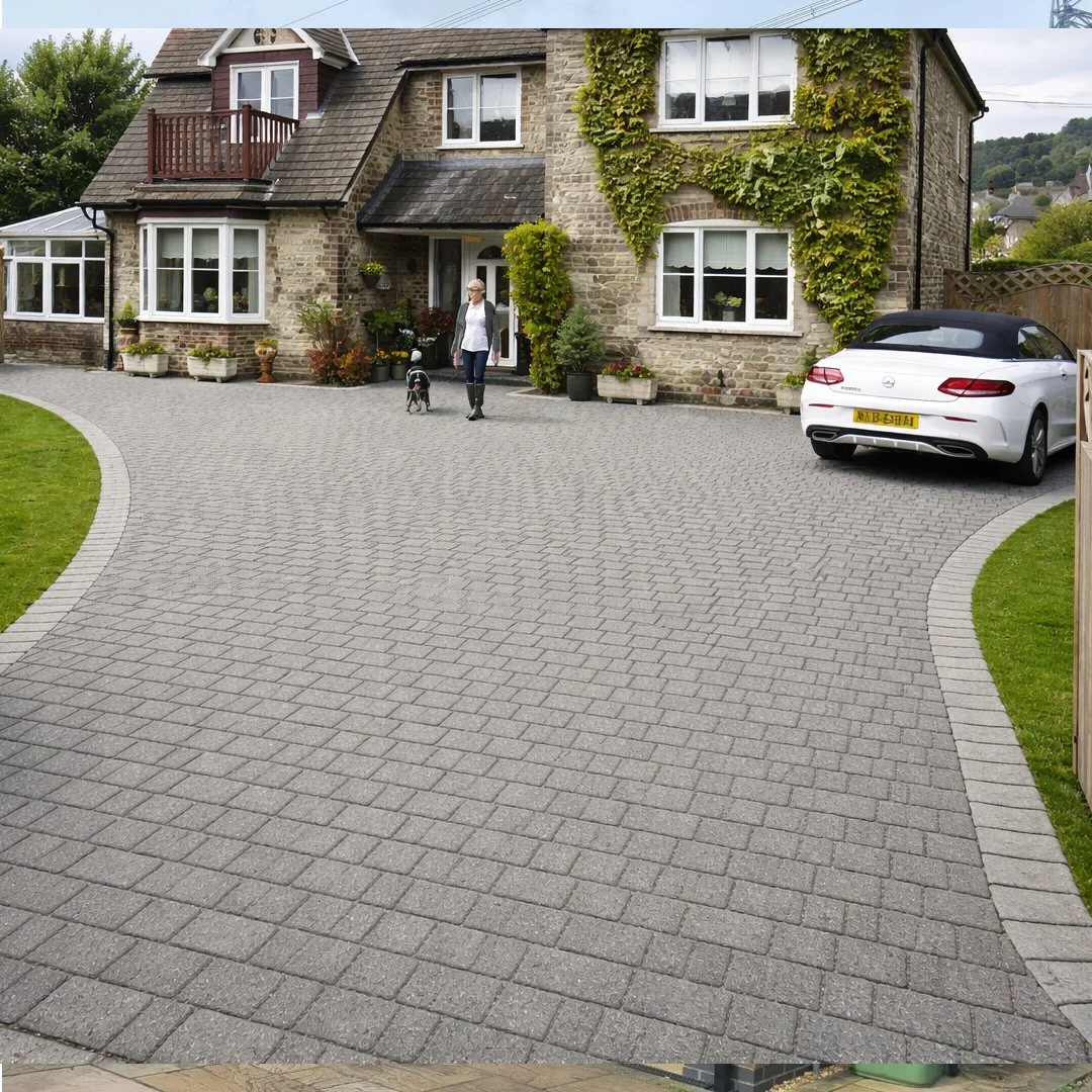 A woman walking on a paved driveway with a dog towards a stone house with white-framed windows and green ivy on the exterior wall. A white convertible car is parked on the right side of the driveway.