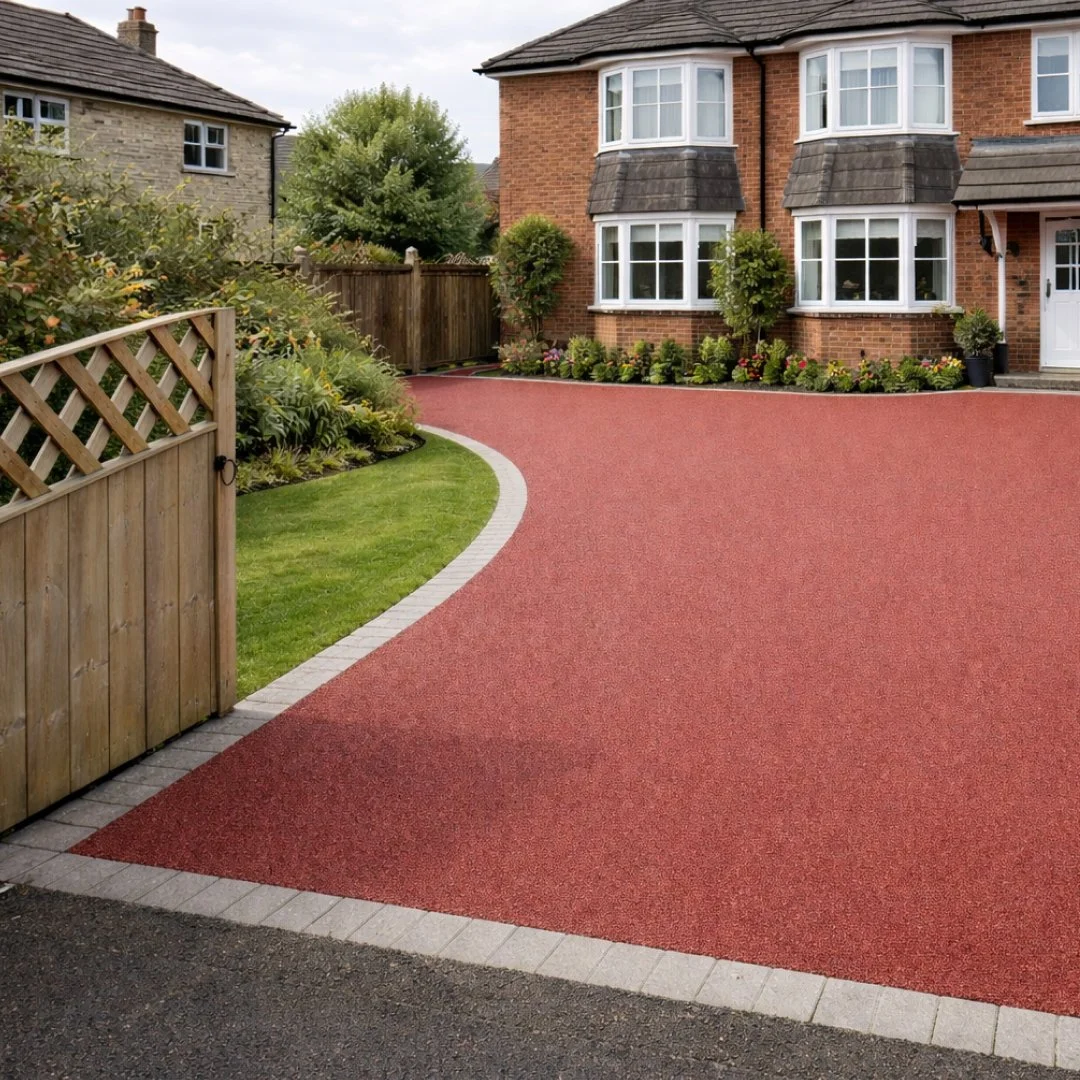 A residential driveway with a red textured surface, bordered by gray paving stones, leading to a brick house with white window frames and stacked stone window sills. There is a garden with green shrubs and flowers along the house. A wooden gate and fencing separate the driveway from a neighboring property. A small grassy area is visible on the left side.