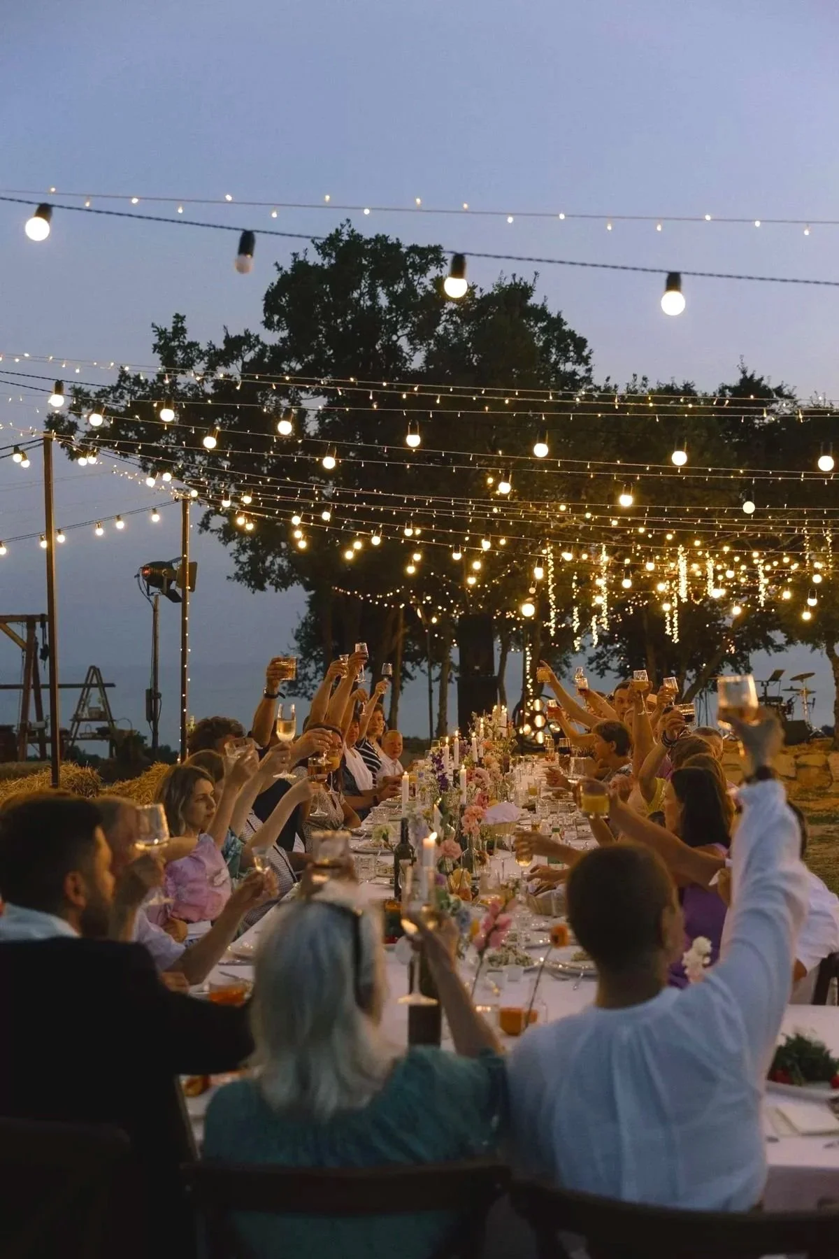 Groupe de personnes asistans à un dîner en plein air sous des guirlandes lumineuses la nuit.