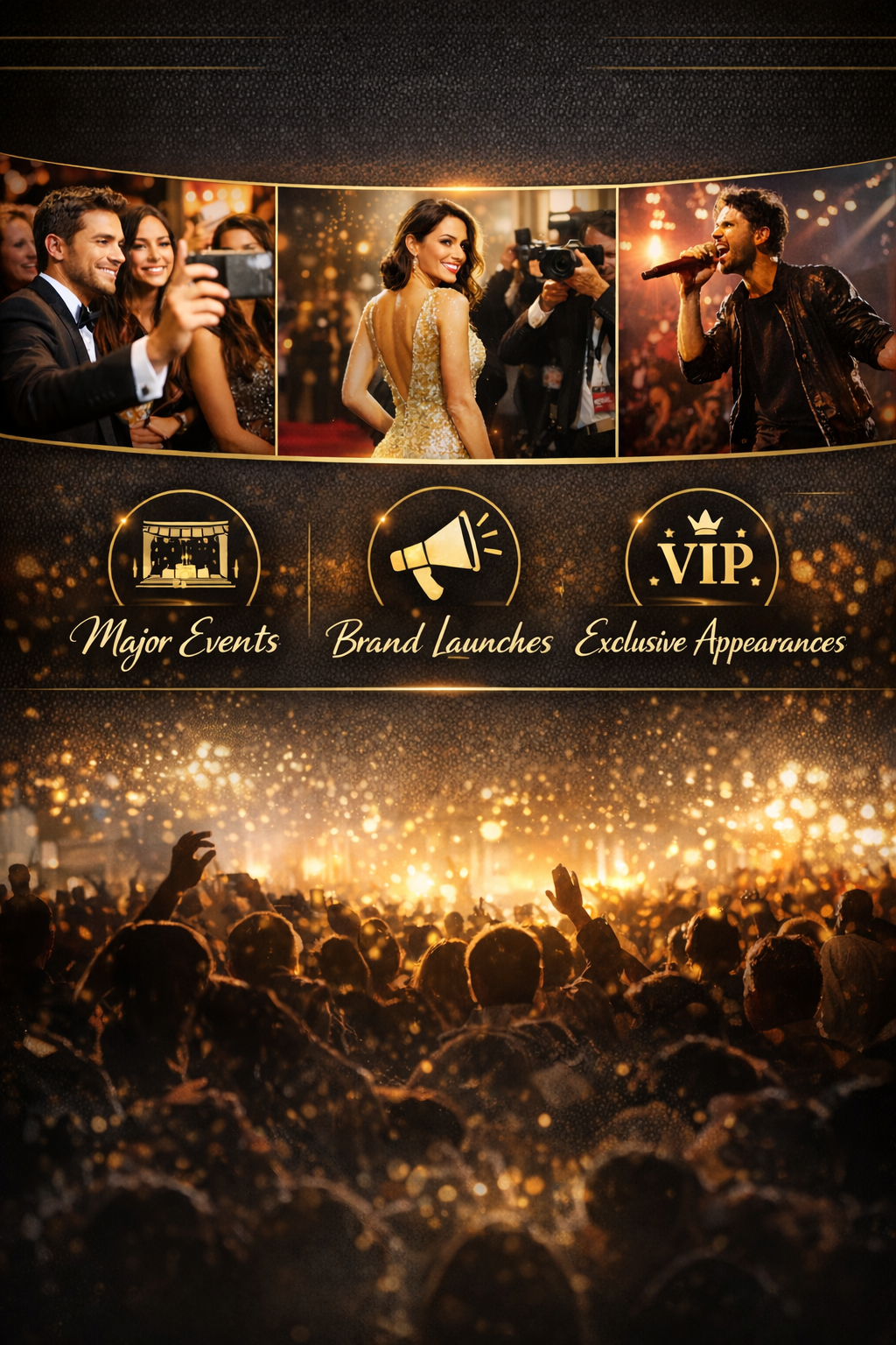 Advertisement poster showcasing a glamorous event with images of people at a social gathering, a woman in a gold dress, a male singer performing, and a crowd celebrating at night, with icons and text highlighting major events, brand launches, and VIP appearances.
