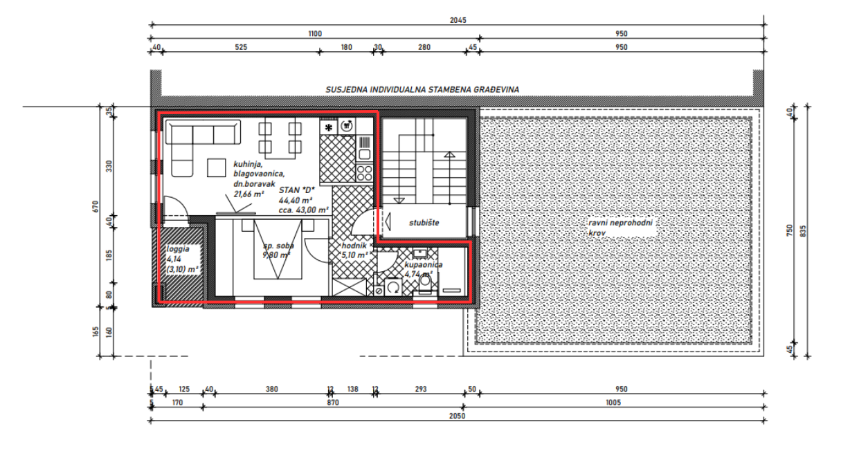 Architectural floor plan of a residential building showing interior rooms, including a living room, bedroom, kitchen, hall, bathroom, and balcony, with measurements and labels.