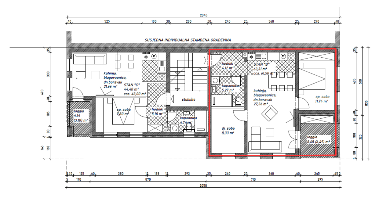 Floor plan of a residential building showing rooms, measurements, and annotations in Croatian, including kitchens, bedrooms, bathrooms, and loggias.
