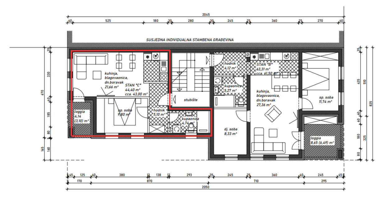 Architectural floor plan of a building with rooms labeled in a foreign language, including living rooms, bedrooms, bathrooms, kitchens, hallways, and loggias, with measurements in square meters.