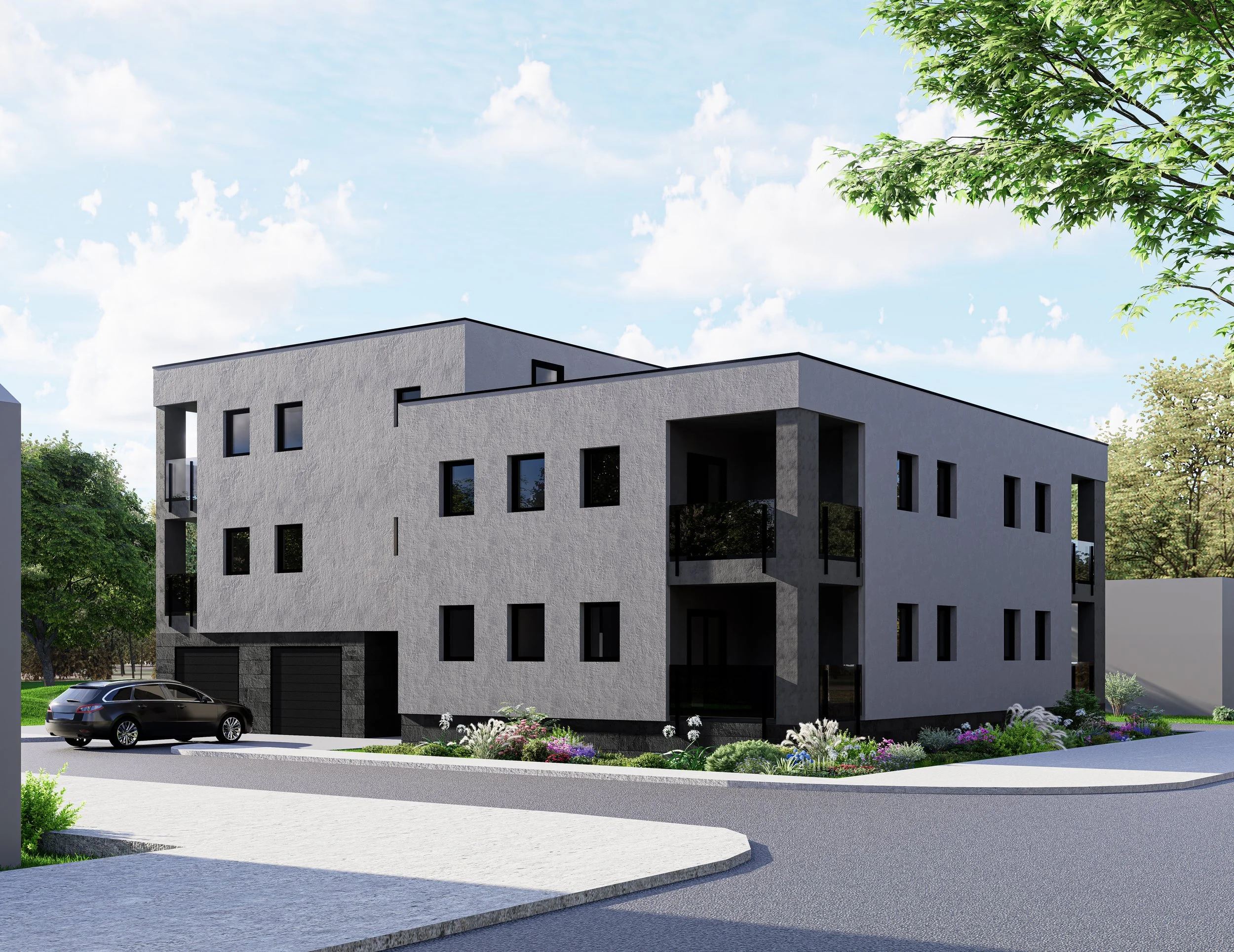 Moderna zgrada s više stanova i više malih prozora, sivog eksterija, s lođama, okružena parkingom, drvećem.