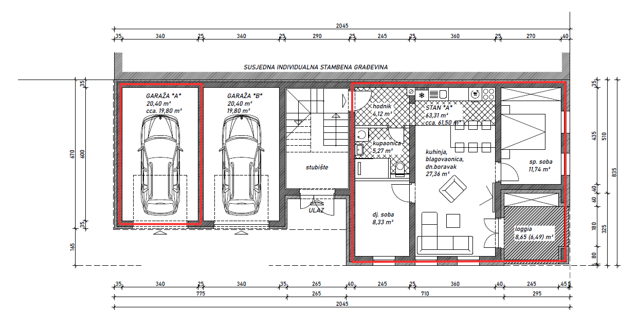 Architectural floor plan of a residential building showing two garage spaces, staircase, entrance, hallway, bathroom, bedroom, kitchen, living/dining area, utility room, storage room, and loggia.