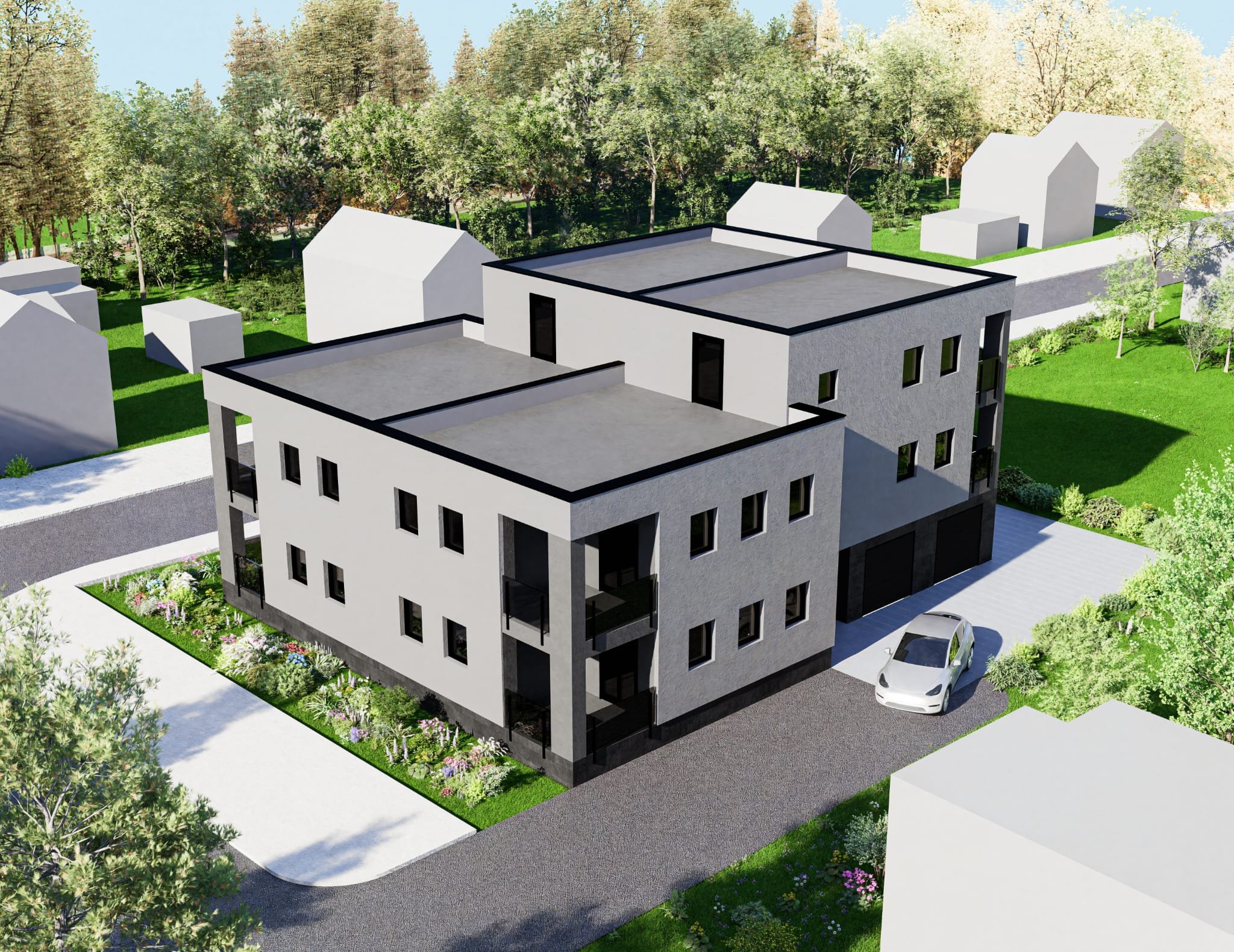 Moderna zgrada s više stanova i više malih prozora, sivog eksterija, s lođama, okružena parkingom, drvećem.