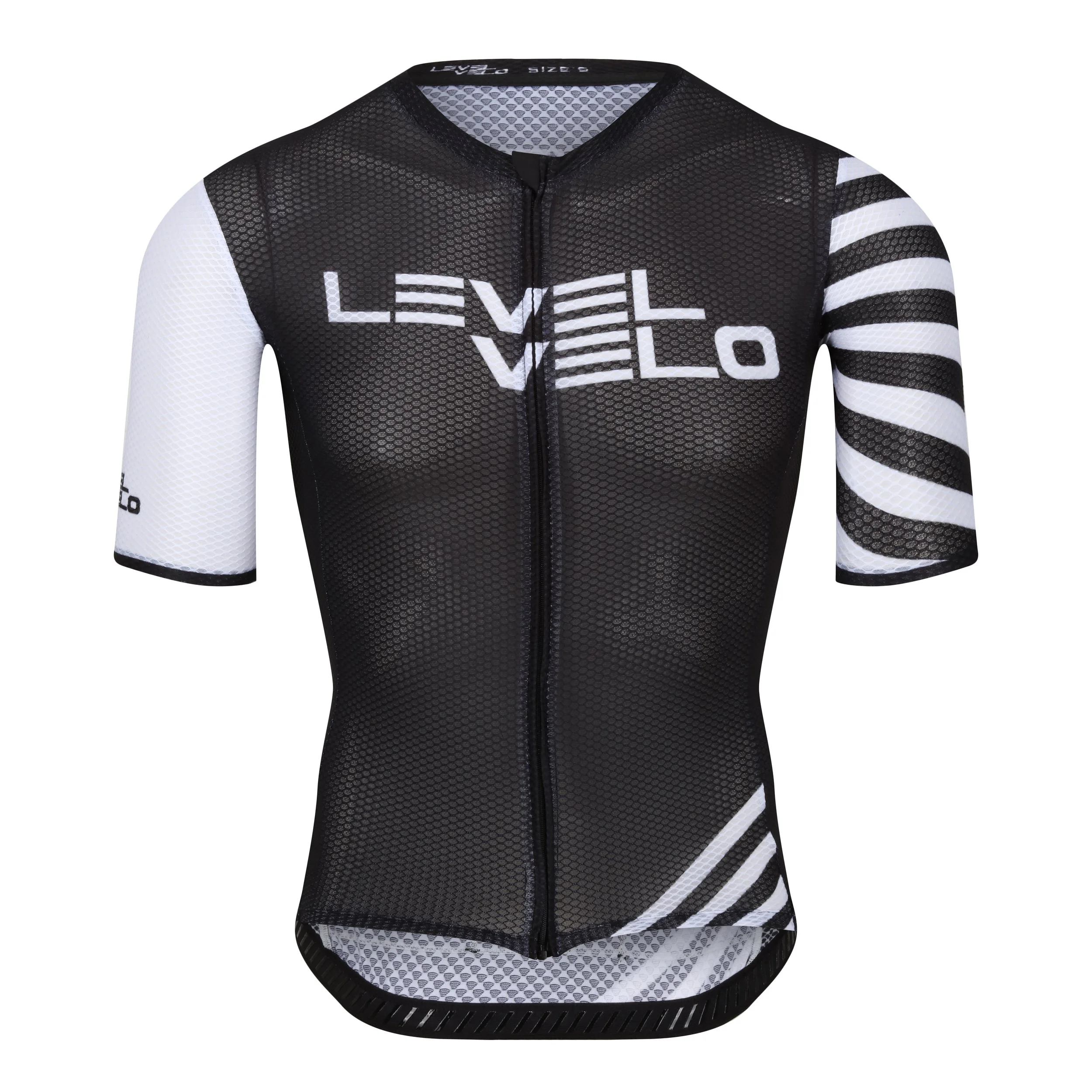 Black and white cycling jersey with the brand name "LEVEL VELO" on the chest and sleeves, made from a breathable mesh fabric.