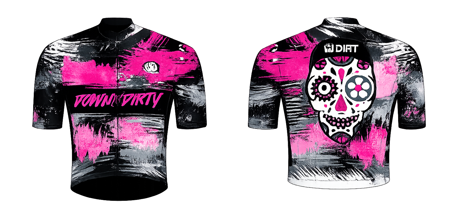 Cycling jerseys with graphic pink, black, and white abstract paint splashes and skull designs, one with the words "Down & Dirty" and the other with ’DIFT’ logo and a sugar skull face.