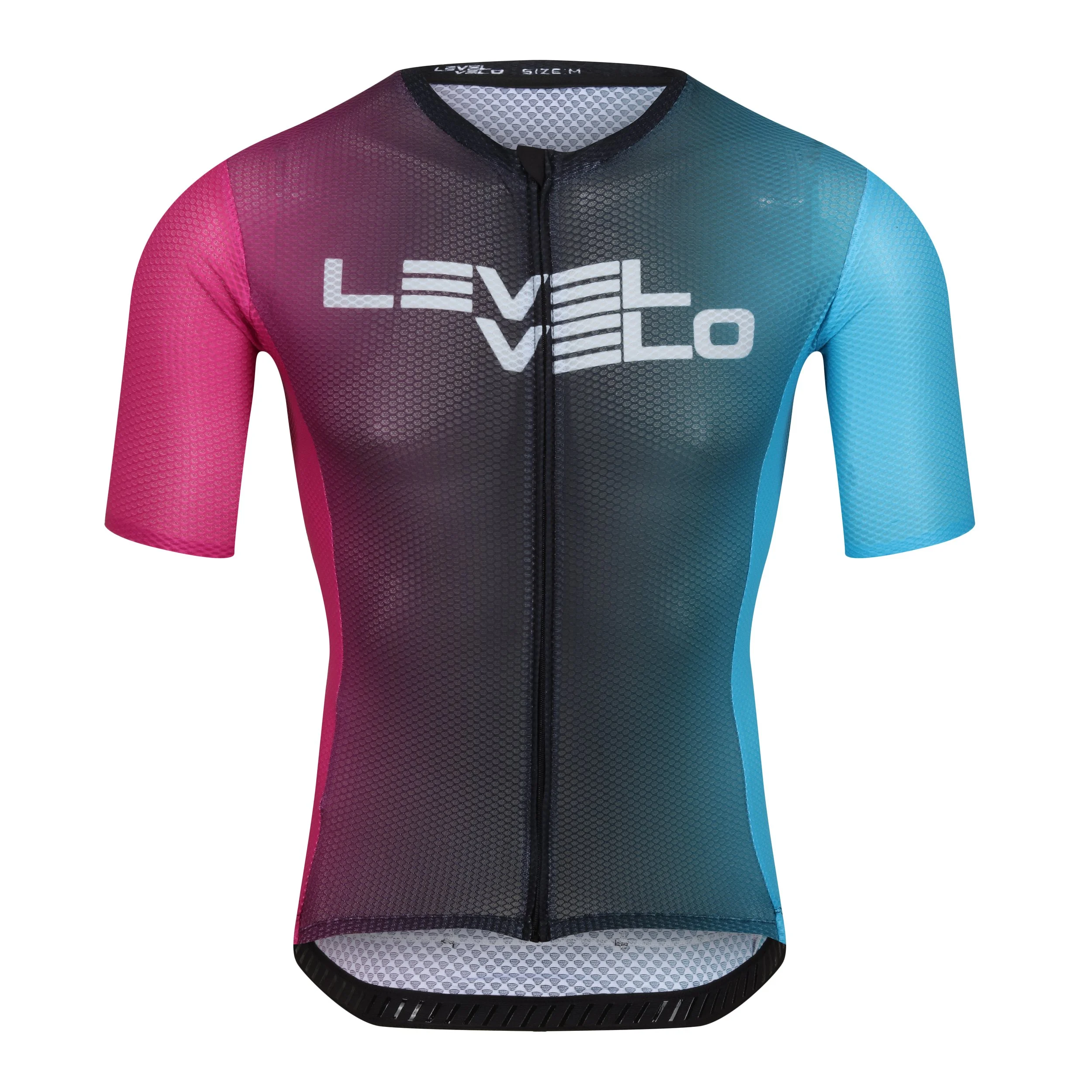Color-blocked men's cycling jersey with pink, black, and blue sections, featuring the LEVvelo logo across the chest.