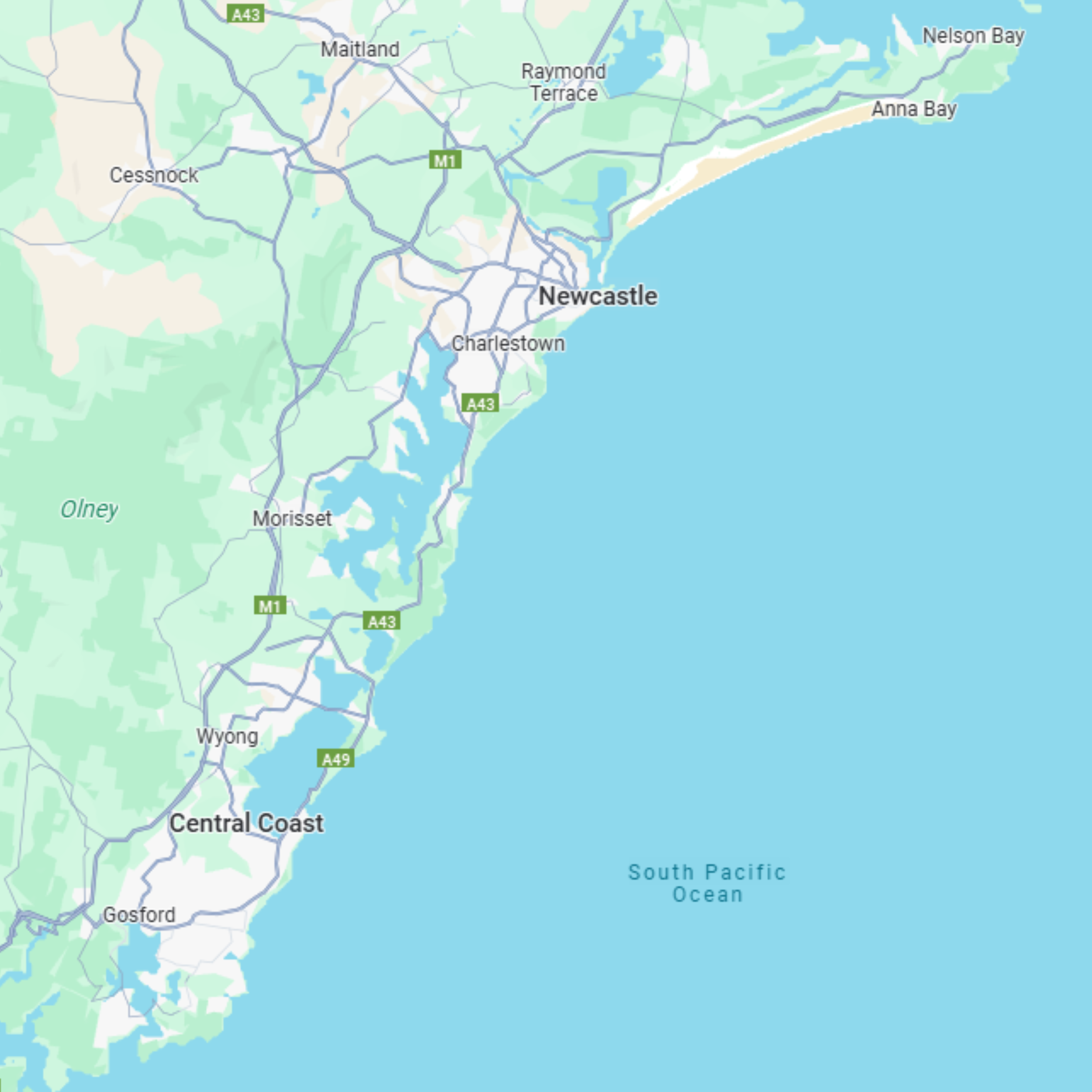 Map of Newcastle, Lake Macquarie, Central Coast and Maitland/Lower Hunter areas