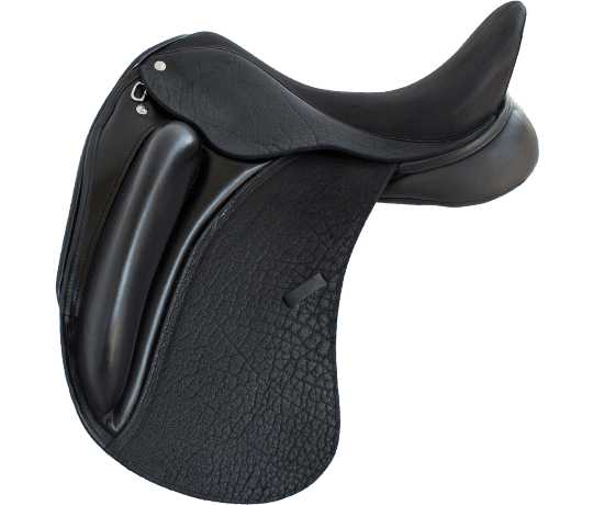 Close-up of a black English riding saddle used for horseback riding dressage.  Saddle of Justin Verboomen