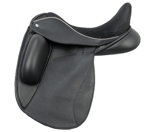Close-up of a black English riding saddle used for horseback riding dressage. Icon Flight