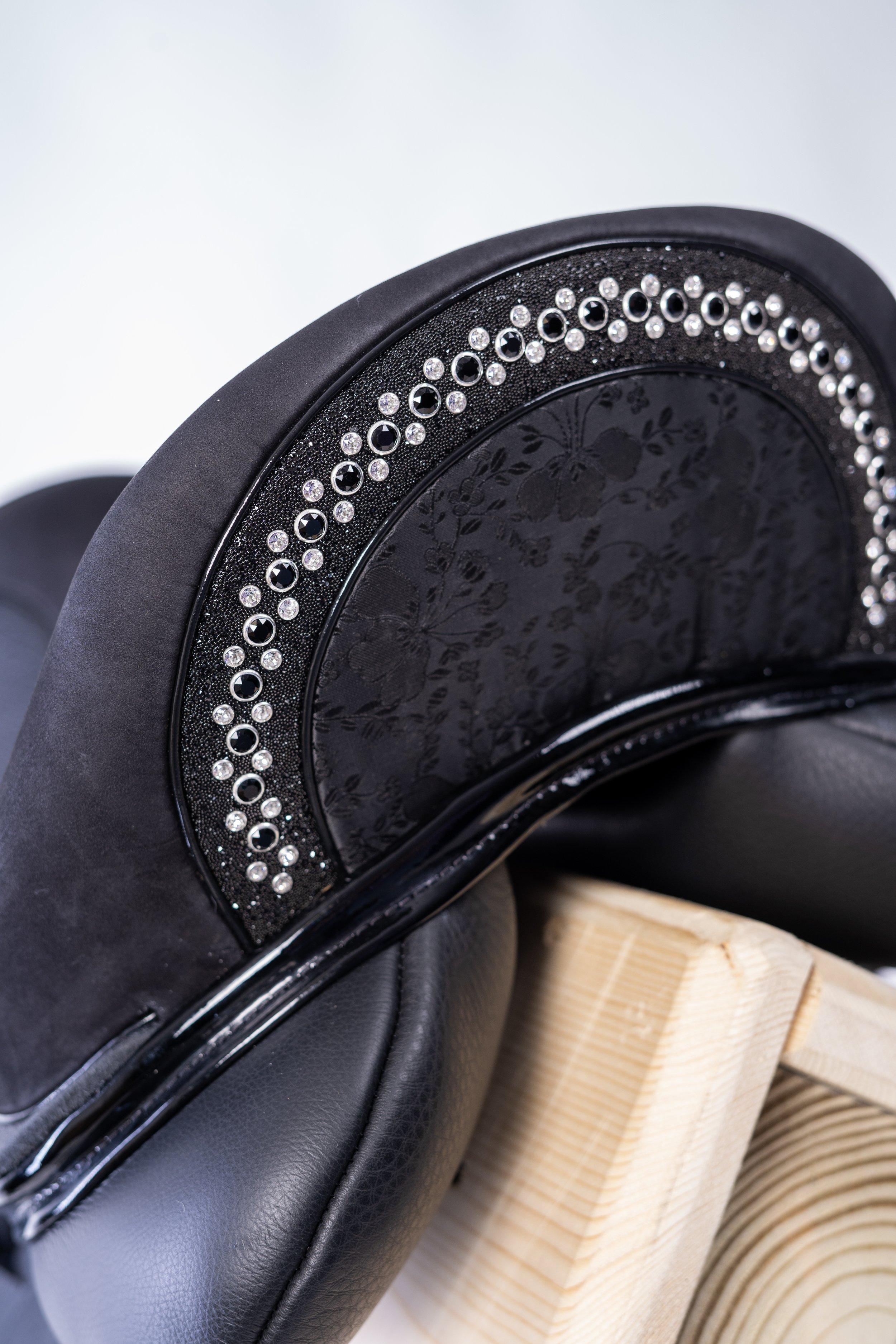 Swarovski crystals with Swarovski fabric cantle on black buffalo saddle