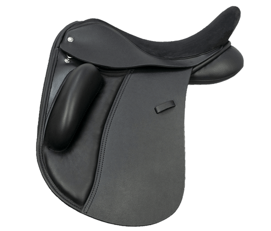 Close-up of a black English riding saddle used for horseback riding dressage.