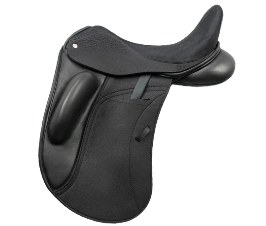 Close-up of a black English riding saddle used for horseback riding dressage.