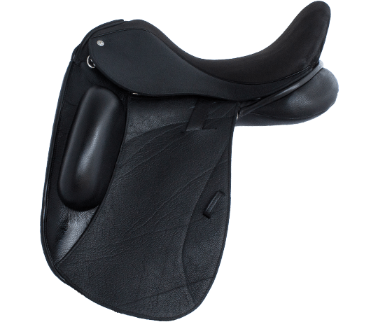 Close-up of a black English riding saddle used for horseback riding dressage. Icon Star