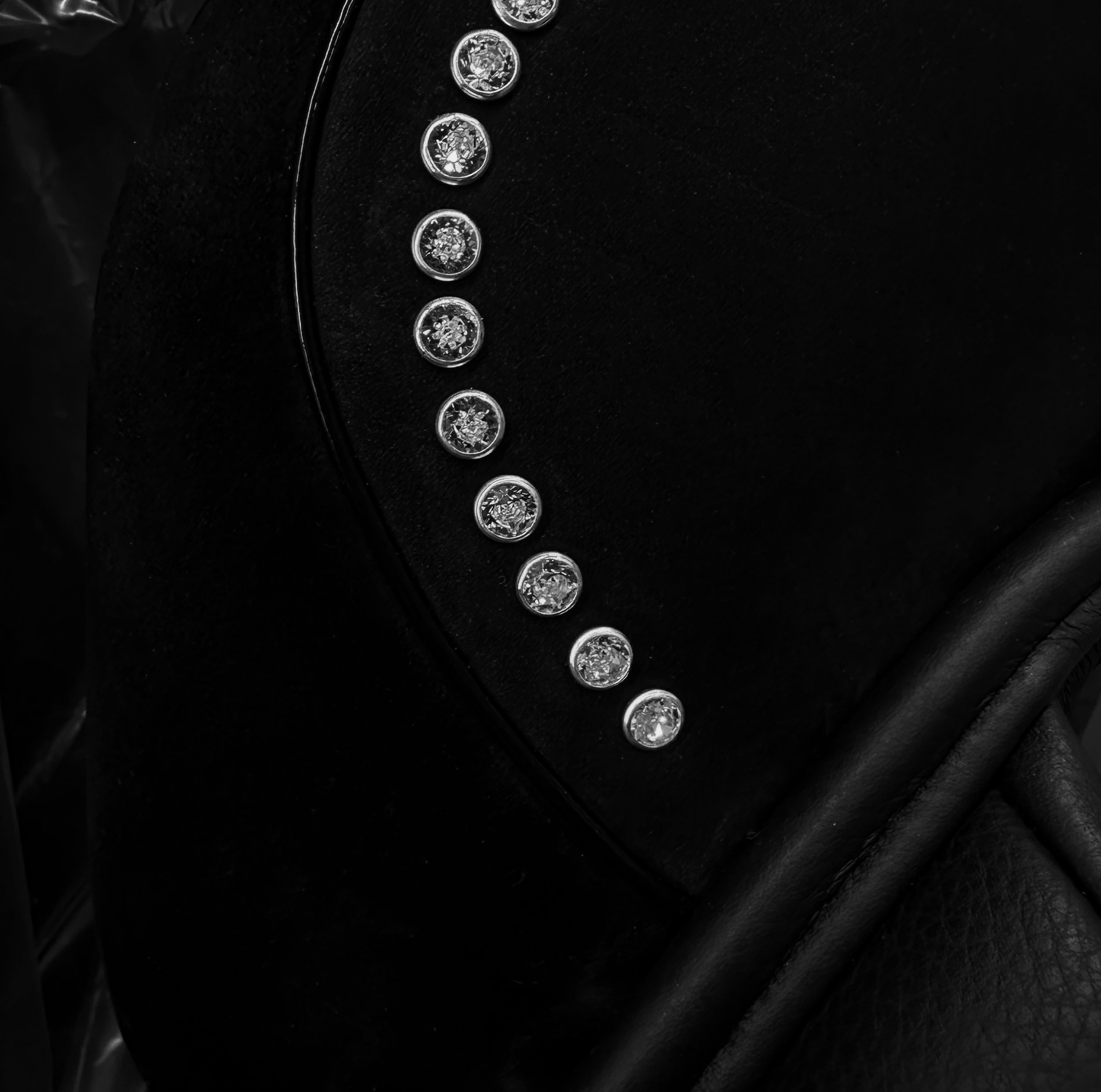 Swarovski crystals on a black saddle with buffalo leather.  Swarovski fabric of Swarovski crystals