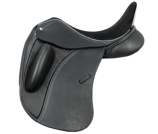 Close-up of a black English riding saddle used for horseback riding dressage.