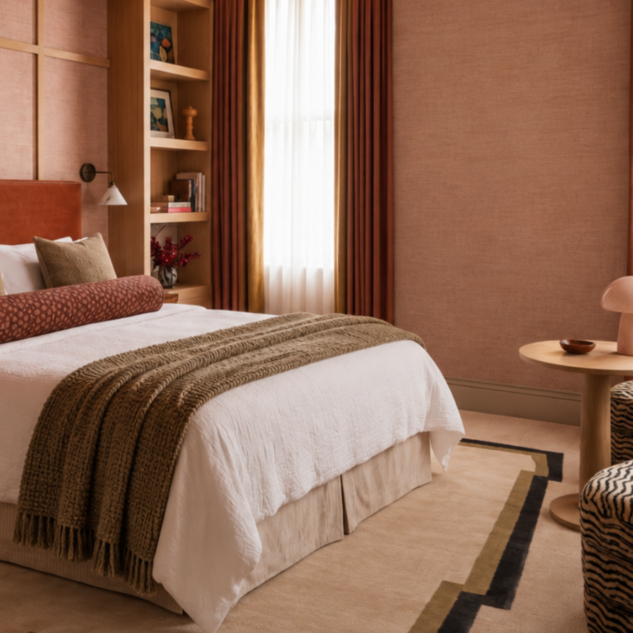 A neatly made bed with white bedding, a brown throw blanket, and decorative pillows in a hotel room with a window, built-in shelves, and a round side table.