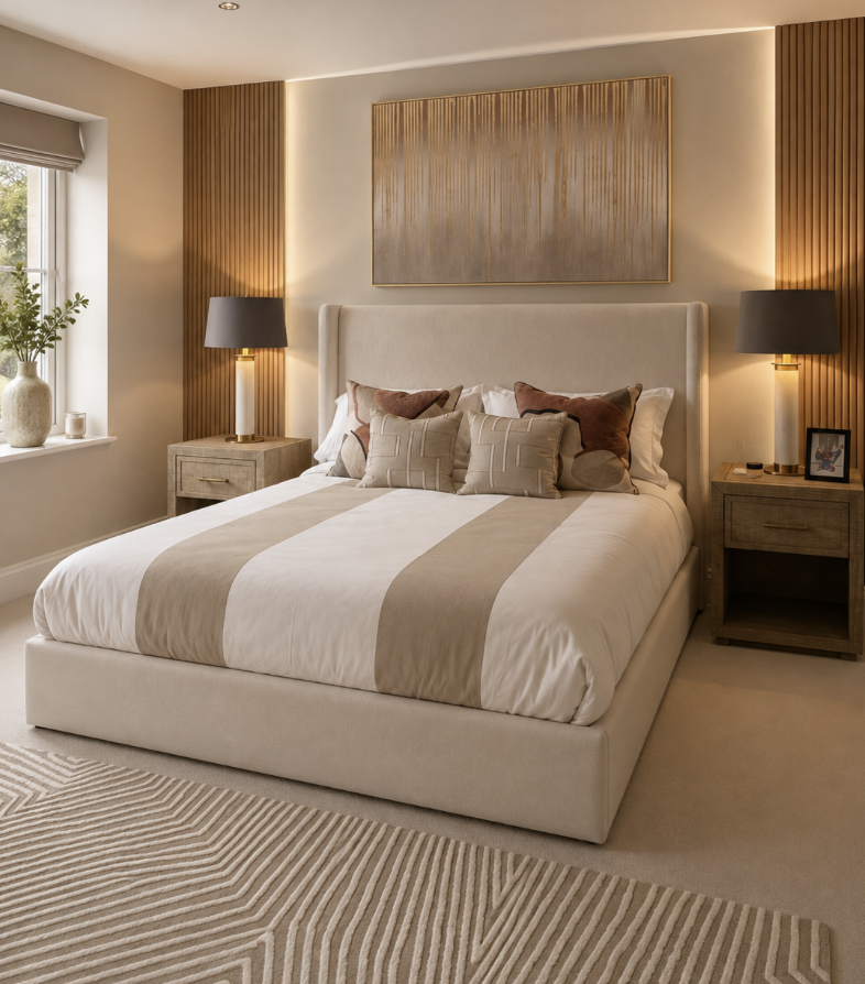 A well-decorated bedroom with a large bed, decorative cushions, wooden nightstands with black lamps, and artwork above the headboard. A window with a view and a vase with greenery are visible.