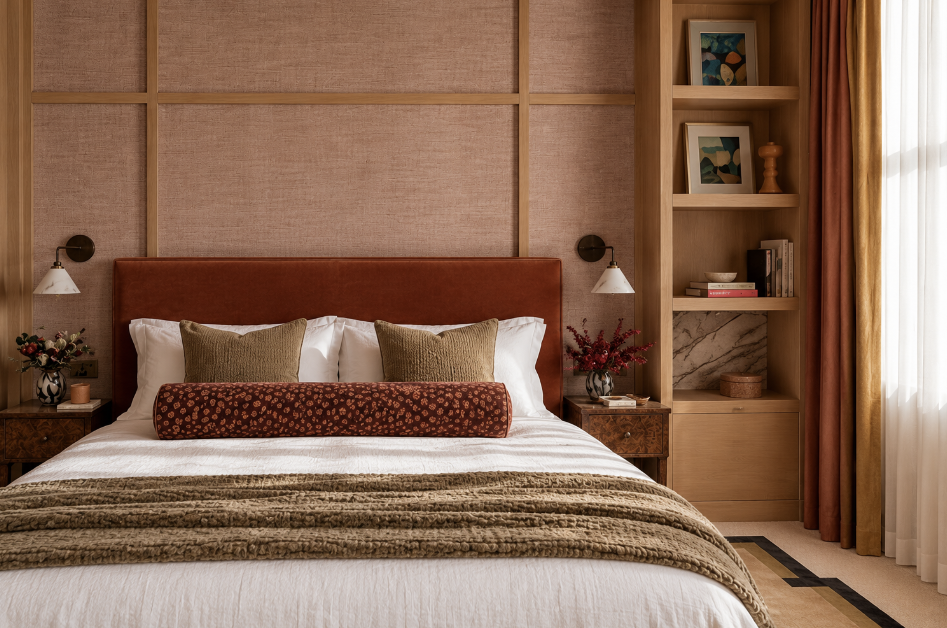 A cozy bedroom with a large comfortable bed featuring white sheets, beige pillows, and a decorative brown and gold bed runner. On each side of the bed are dark wooden nightstands, one with a vase of flowers and the other with magazines. A textured pinkish wall with wooden paneling runs behind the headboard, flanked by built-in wooden shelves holding framed abstract art, books, and decorative items. To the right, a tall window with sheer white curtains and golden drapes lets in natural light.
