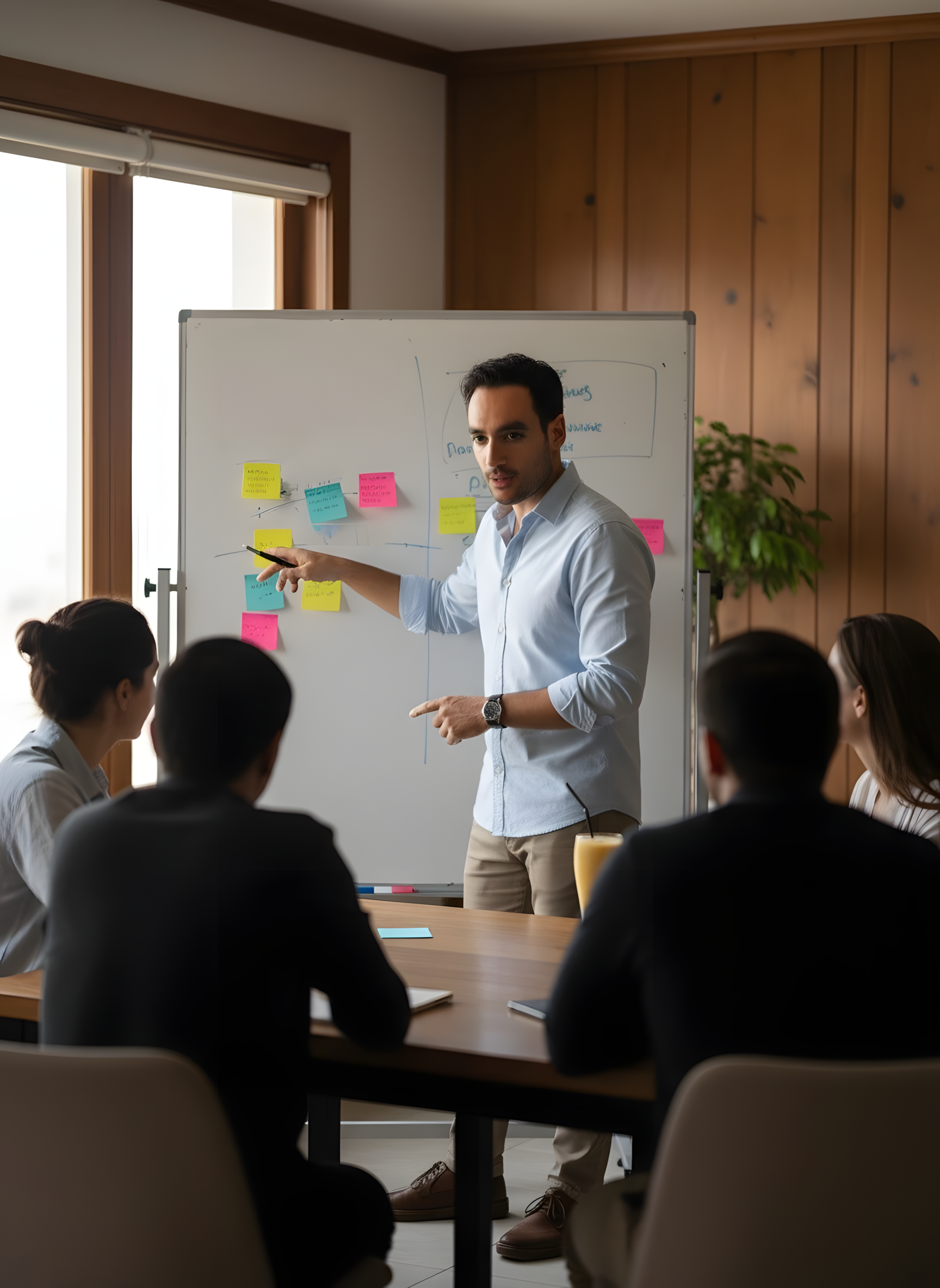 A man giving a presentation in a meeting room with four people sitting around a table, whiteboard with sticky notes behind him, window to the left, and wooden paneling on the wall.