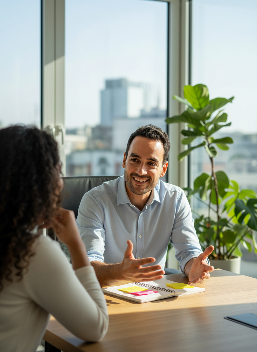 Two people having a conversation in an office, with one person smiling and gesturing.