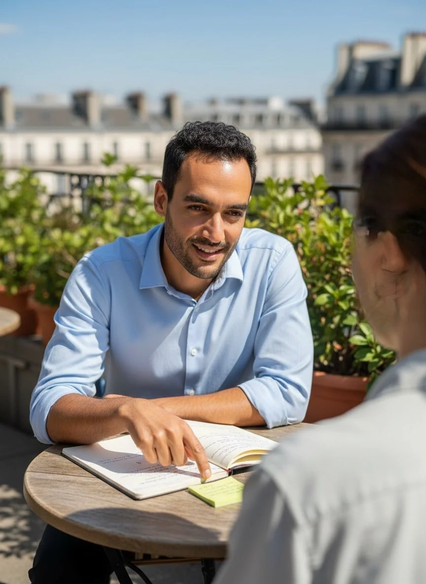 Two people having a conversation at an outdoor table with a cityscape in the background. One man is smiling and pointing at an open book on the table.