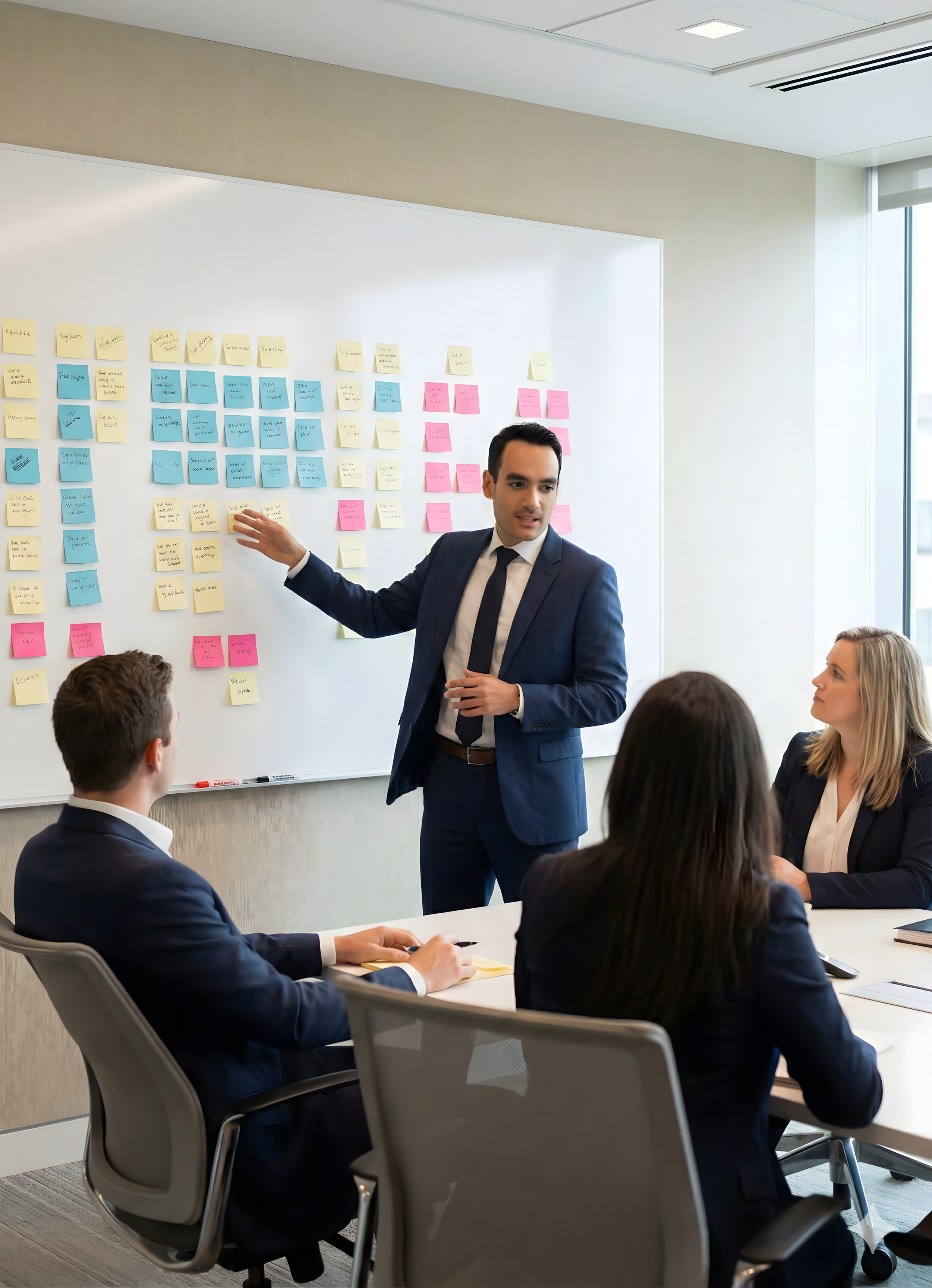 Business meeting with a man in a suit presenting to three women seated at a table, with a whiteboard covered in colorful sticky notes.