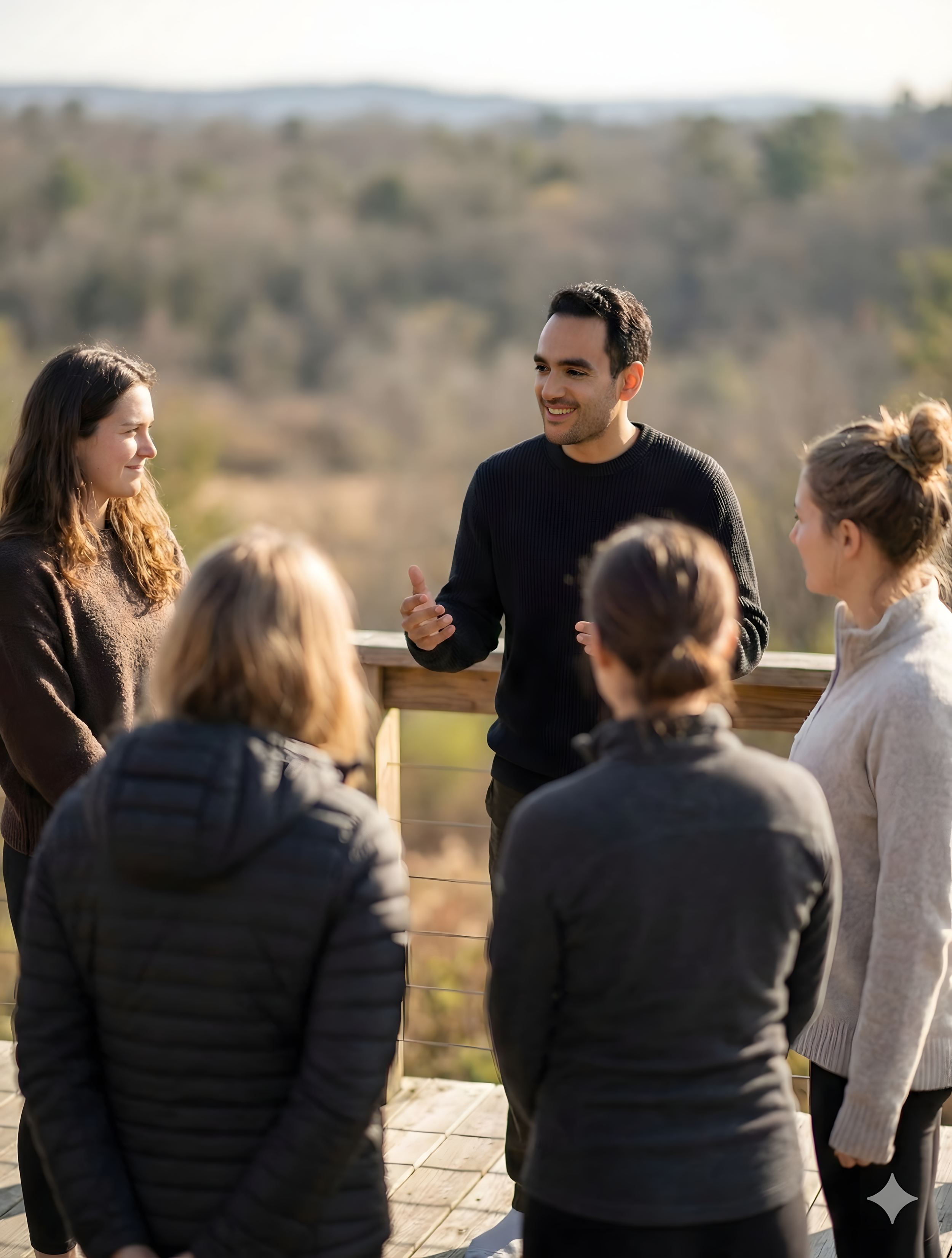 A man is talking to a group of five women outdoors on a deck with a wooded landscape in the background on a clear day.