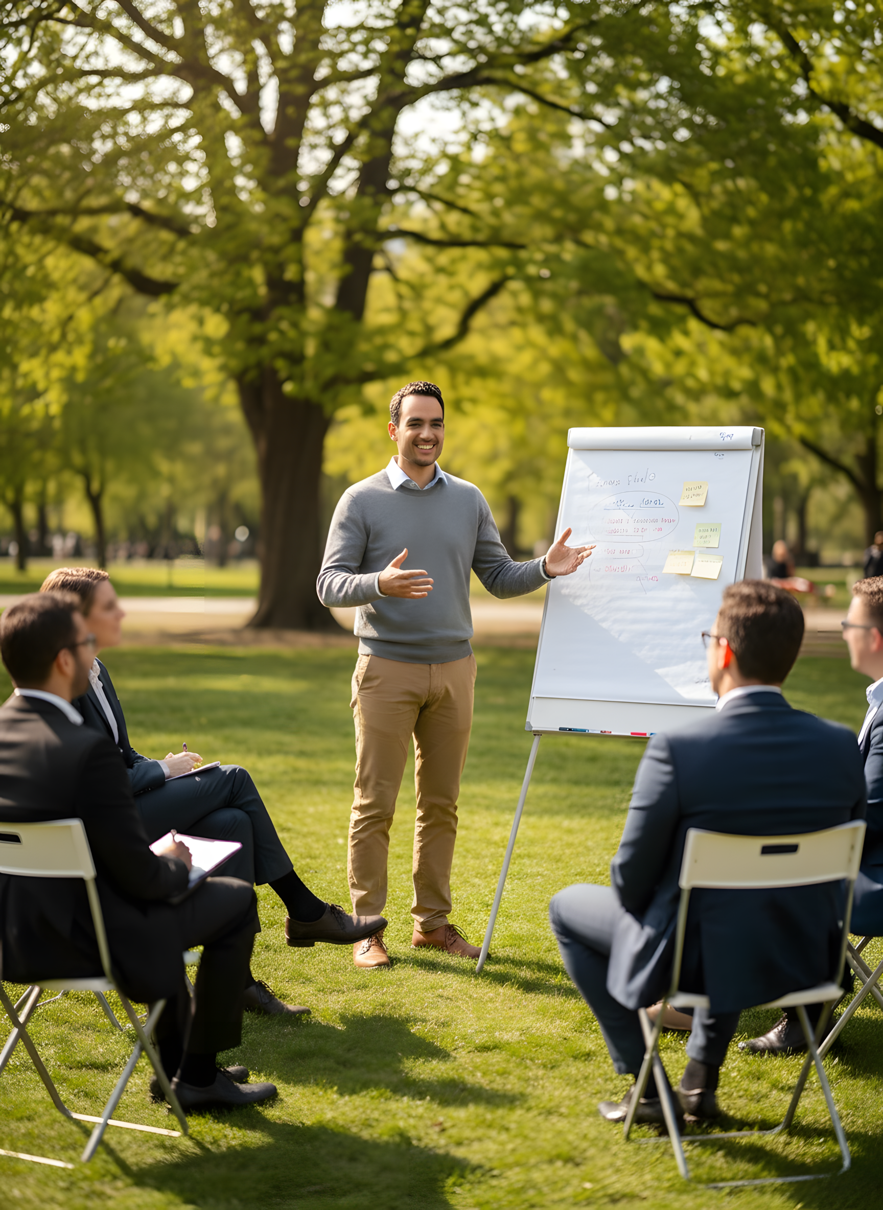 A man in a gray sweater and khaki pants giving a presentation to a group of four people seated outdoors in a park with green trees in the background. The group is paying attention and taking notes while the presenter points to a whiteboard with sticky notes.