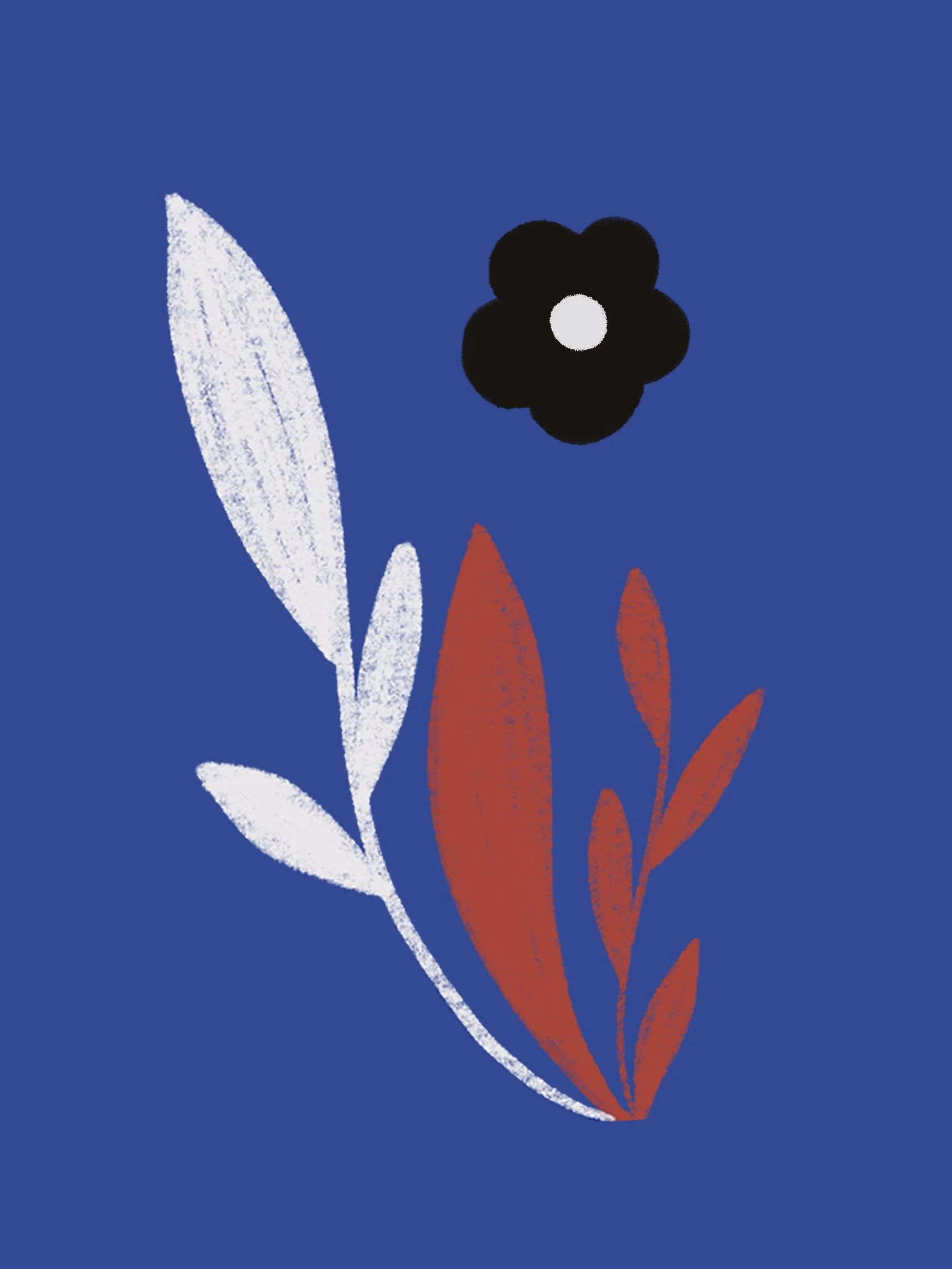 Abstract illustration of a black flower and red leaves on a blue background.