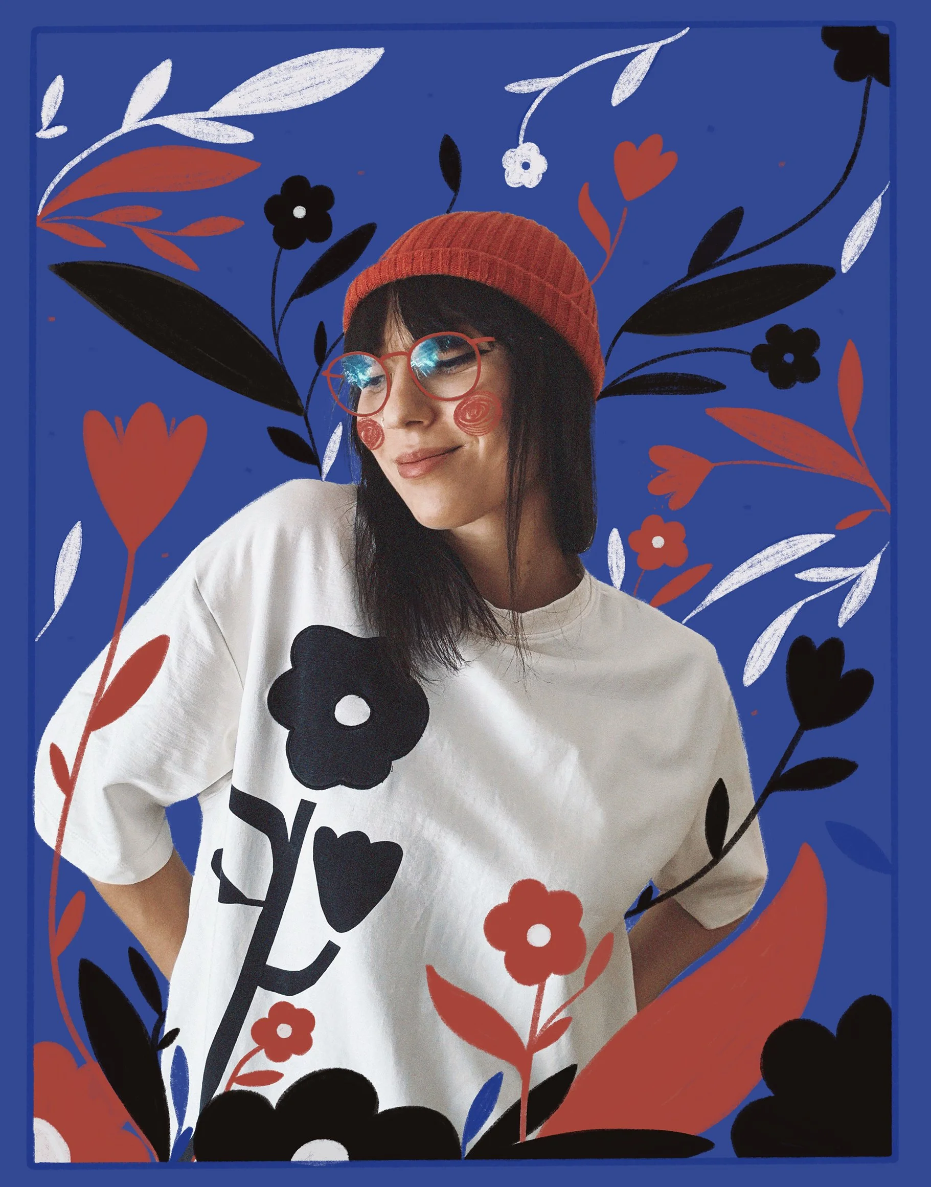 Cristina Frei, surrounded by a graphic floral illustration with a blue background.