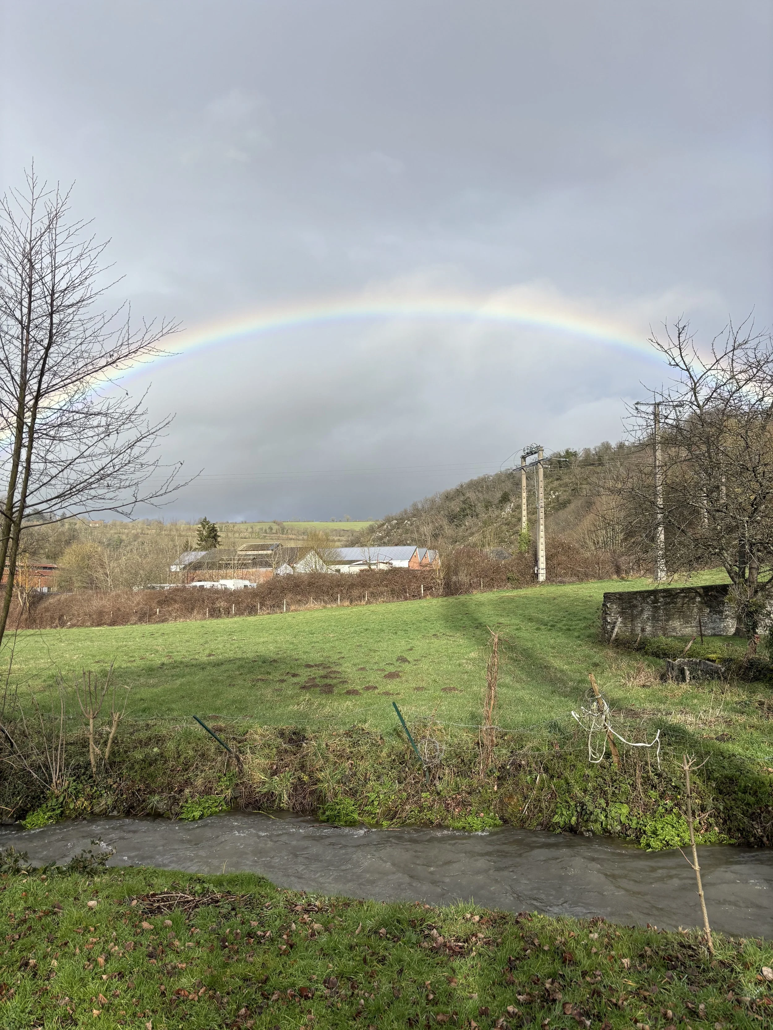 Arc-en-ciel dans un ciel nuageux au-dessus de paysages ruraux avec des champs, des arbres sans feuilles, une rivière et quelques bâtiments.