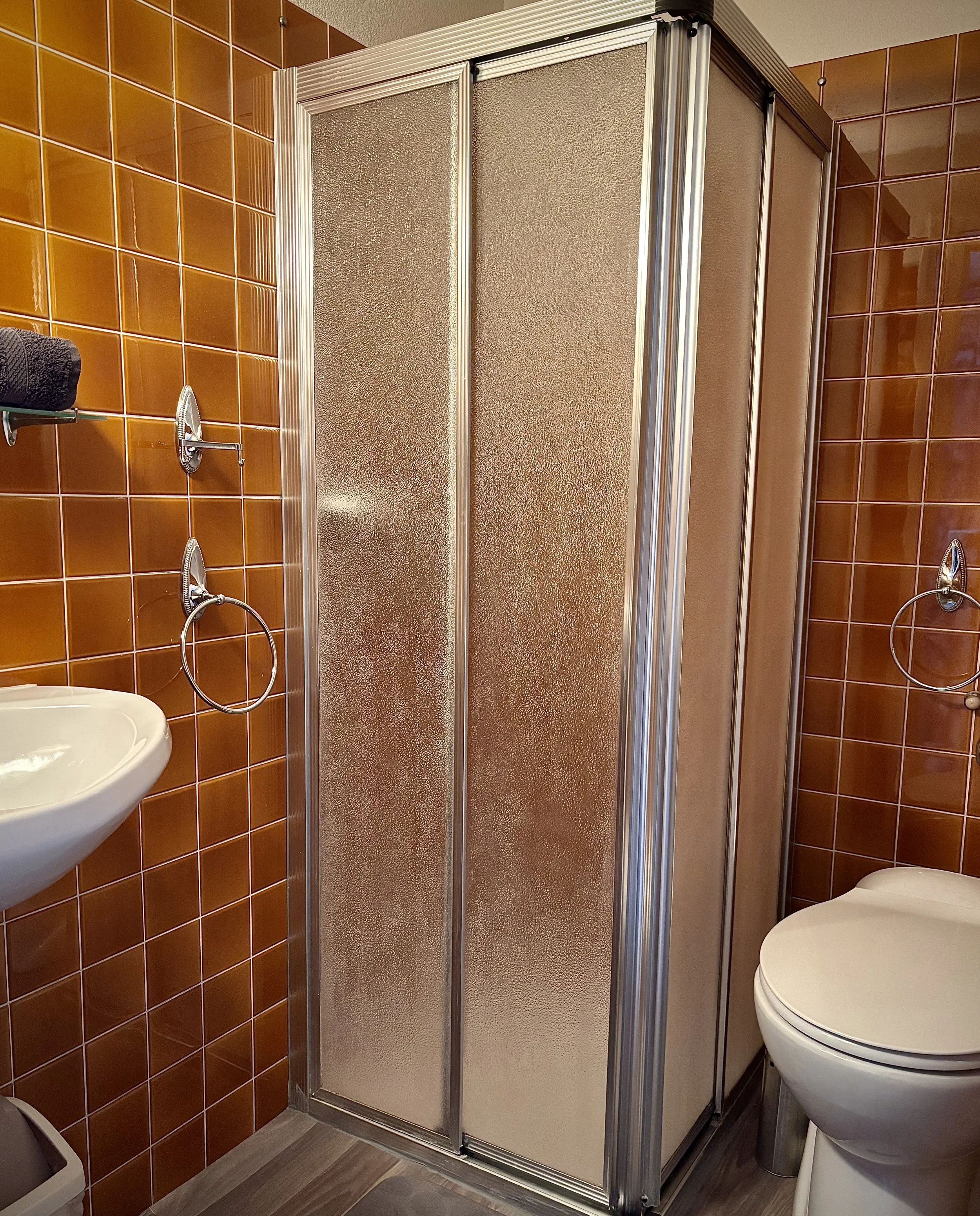Salle de bain avec murs en carreaux de couleur marron, cabine de douche en aluminium avec porte en verre dépoli, évier blanc, toilette et accessoires de salle de bain.