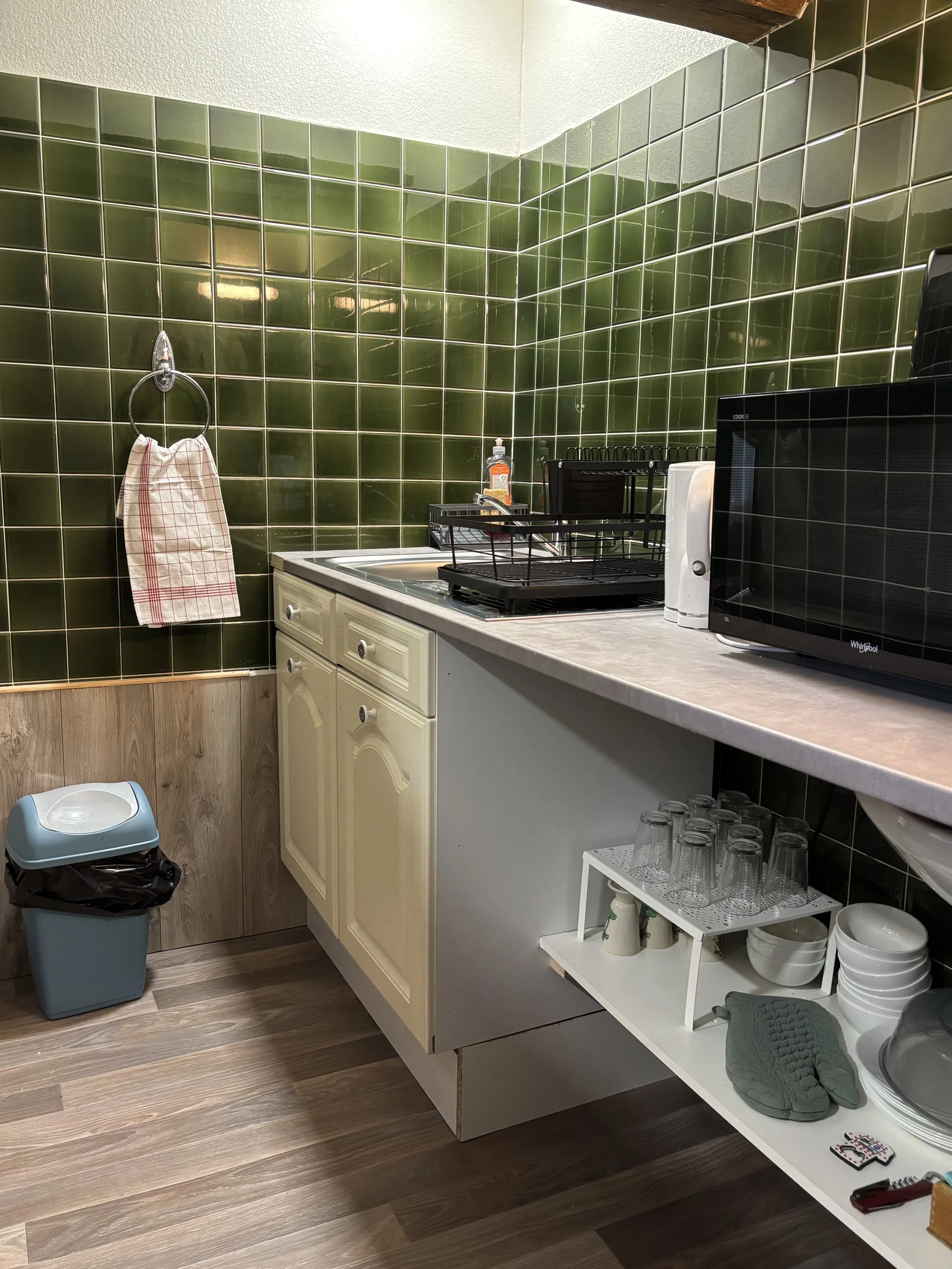 Cuisine avec murs recouverts de carreaux vert foncé, évier, micro-ondes, assiettes, verres, gants de four, et un panier à vaisselle sur un comptoir.