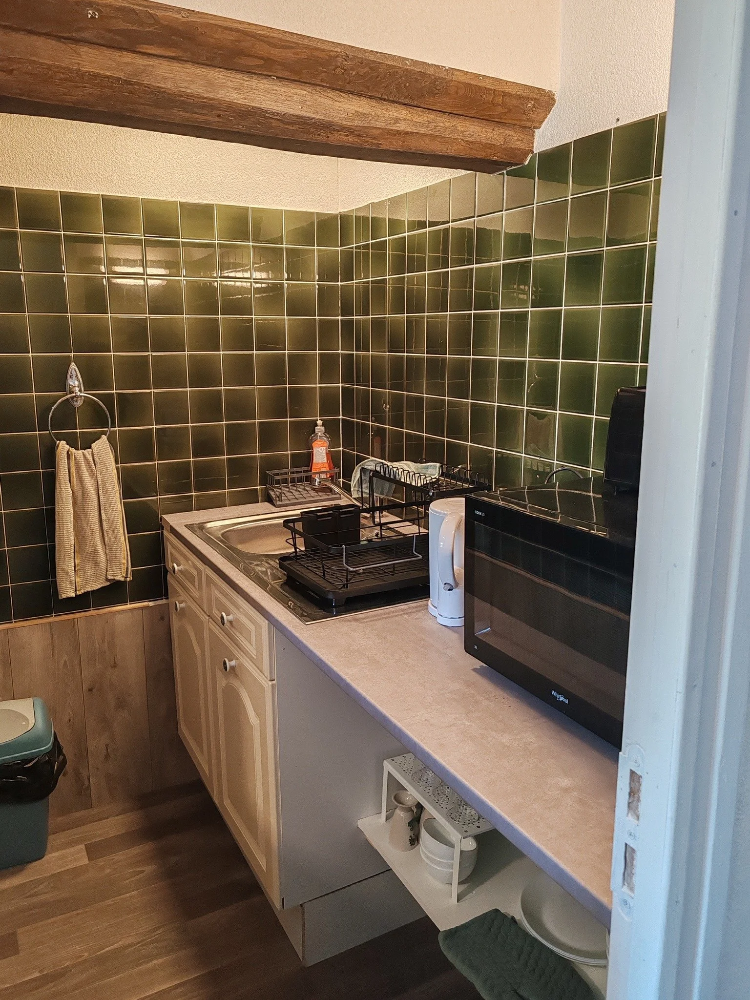 Une petite cuisine avec un évier, une plaque de cuisson, un Micro-ondes, une bouilloire électrique, et un distributeur de savon. Il y a également des étagères avec de la vaisselle, un torchon suspendu, et un mur en carreaux verts.