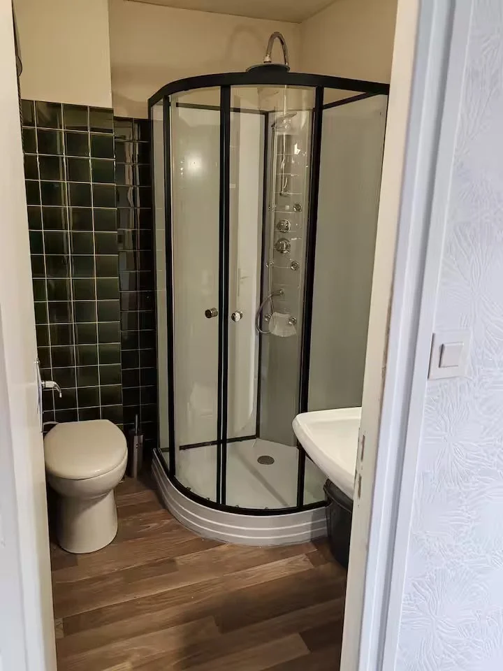 Petite salle de bain avec une cabine de douche en verre, des murs noirs avec des carreaux modernes, un WC beige et un lavabo blanc. Le sol est en bois clair.