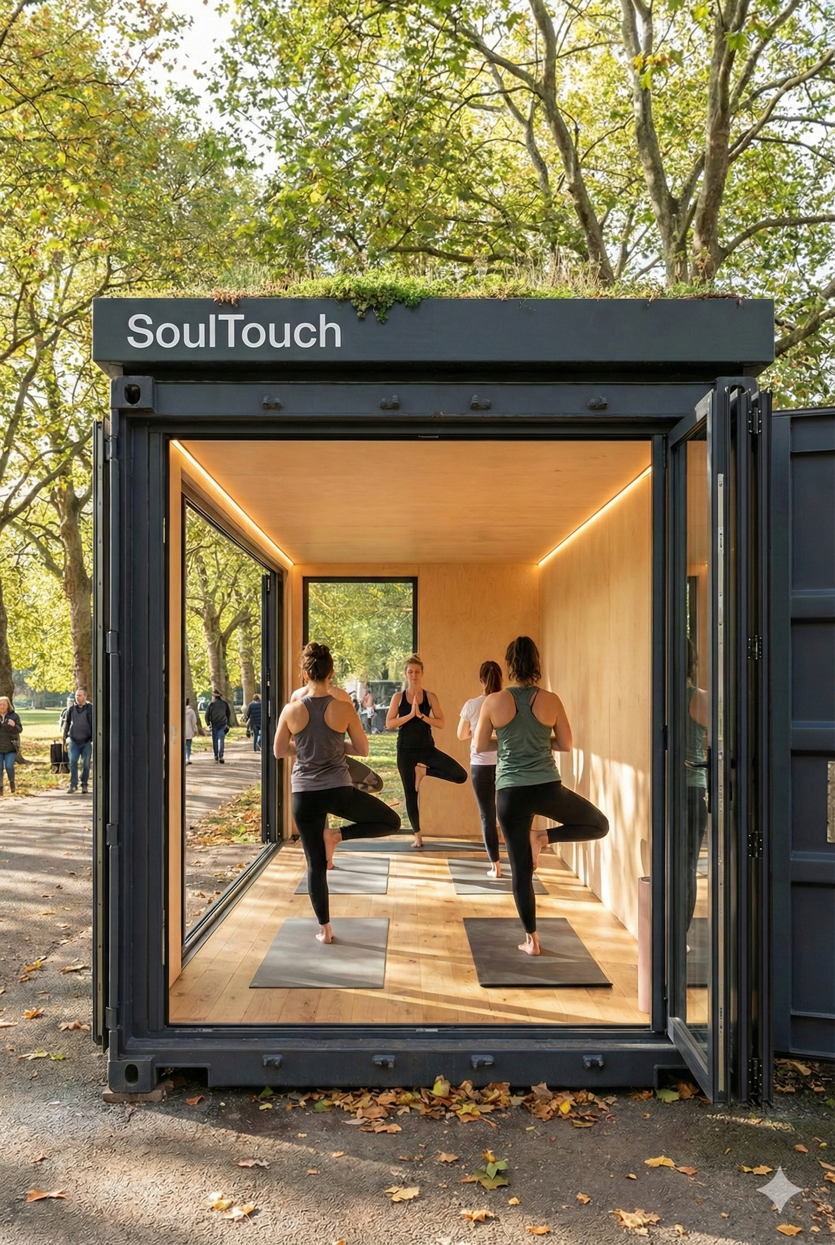 Four women practicing yoga inside a black modified shipping container with a sign that reads 'SoulTouch', set in a park with trees and fallen leaves.