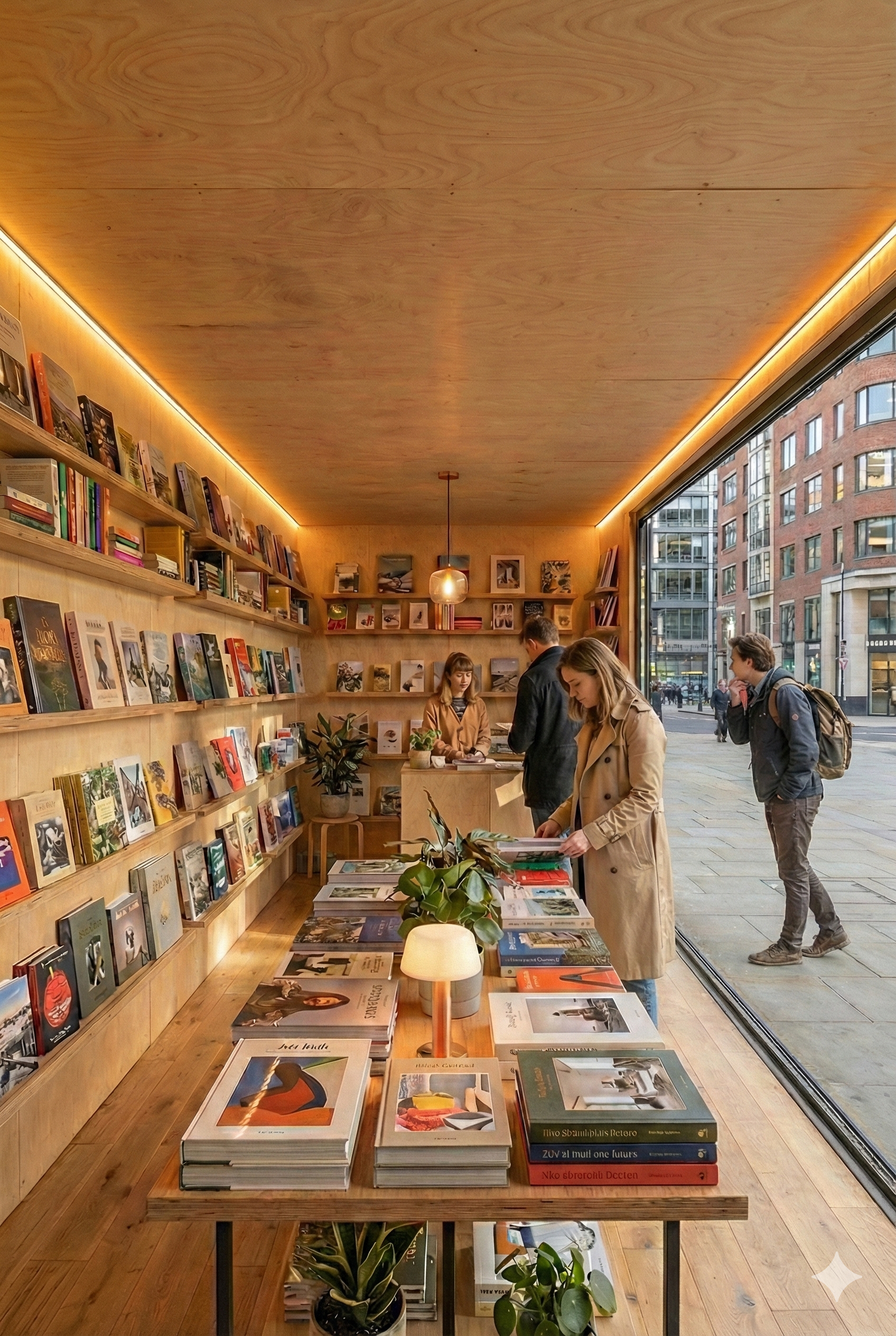 Inside a cozy bookstore with wooden shelves and tables filled with books, and large windows revealing a city street outside, during the daytime.