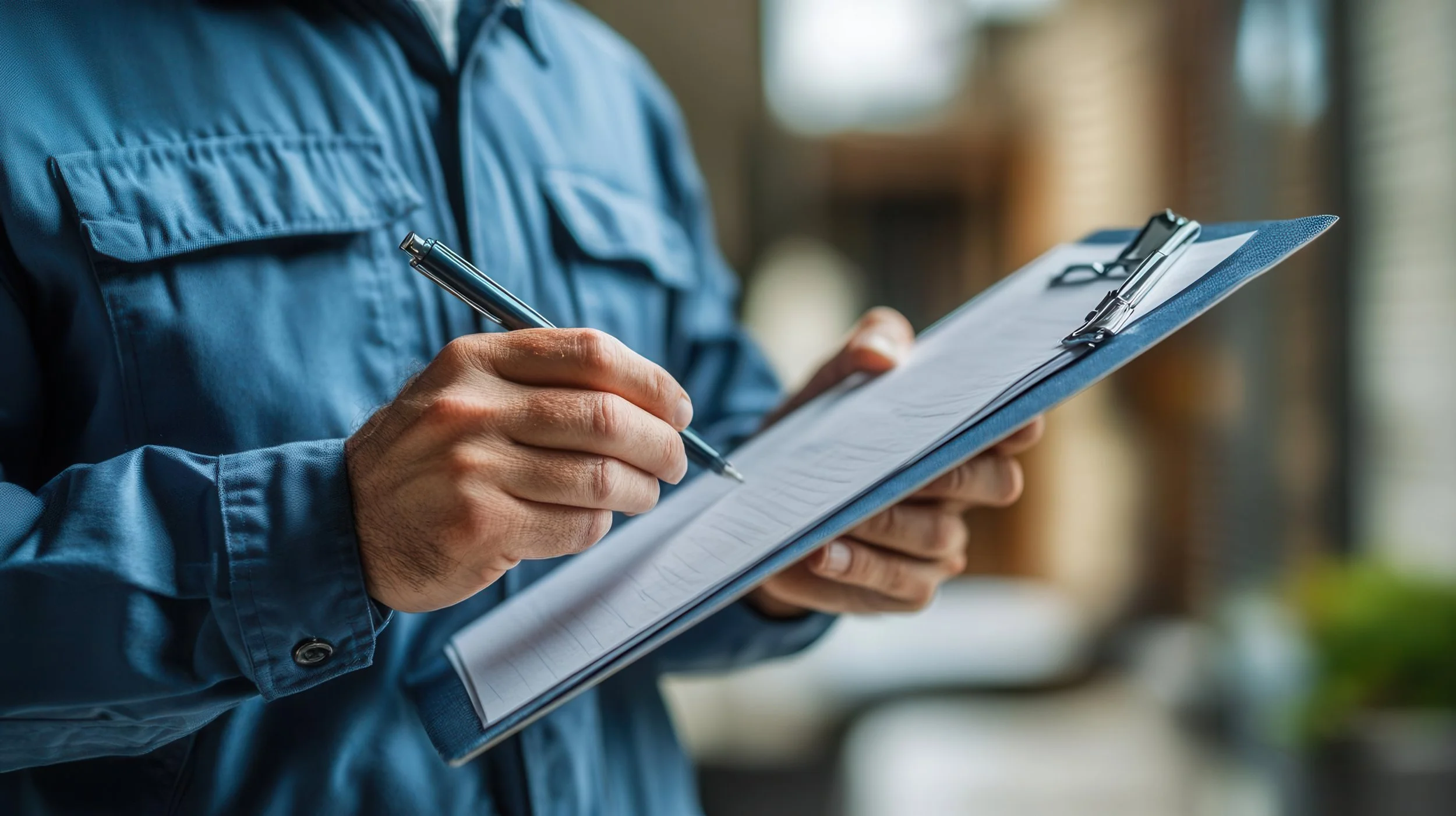 Persoon in een blauw jack schrijft op een clipboard met pen in een interieur.