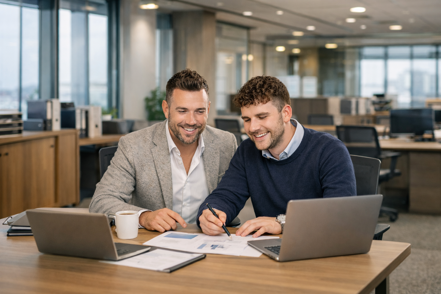 Twee businessmensen werken samen in een kantoor, glimlachend terwijl ze documenten bekijken en overleggen.