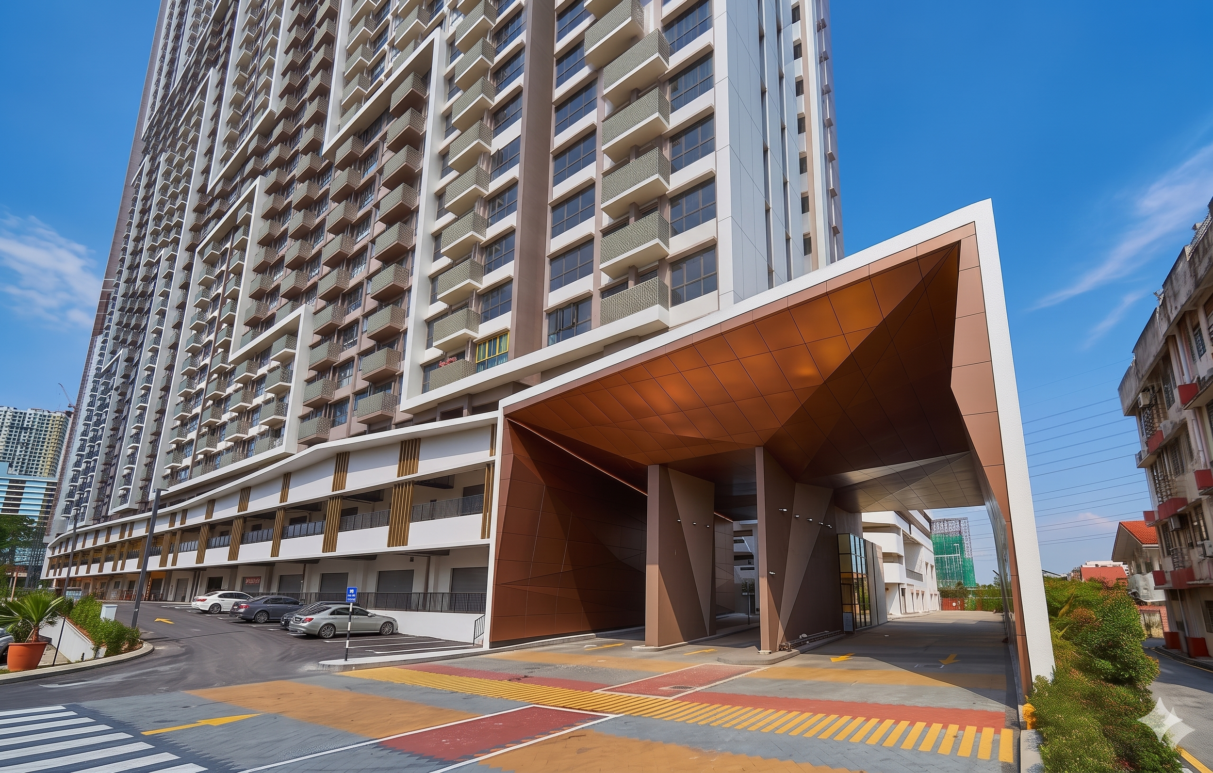 Modern high-rise building with a parking area in front and a large, angular, copper-colored architectural feature at the entrance. Clear blue sky in the background.