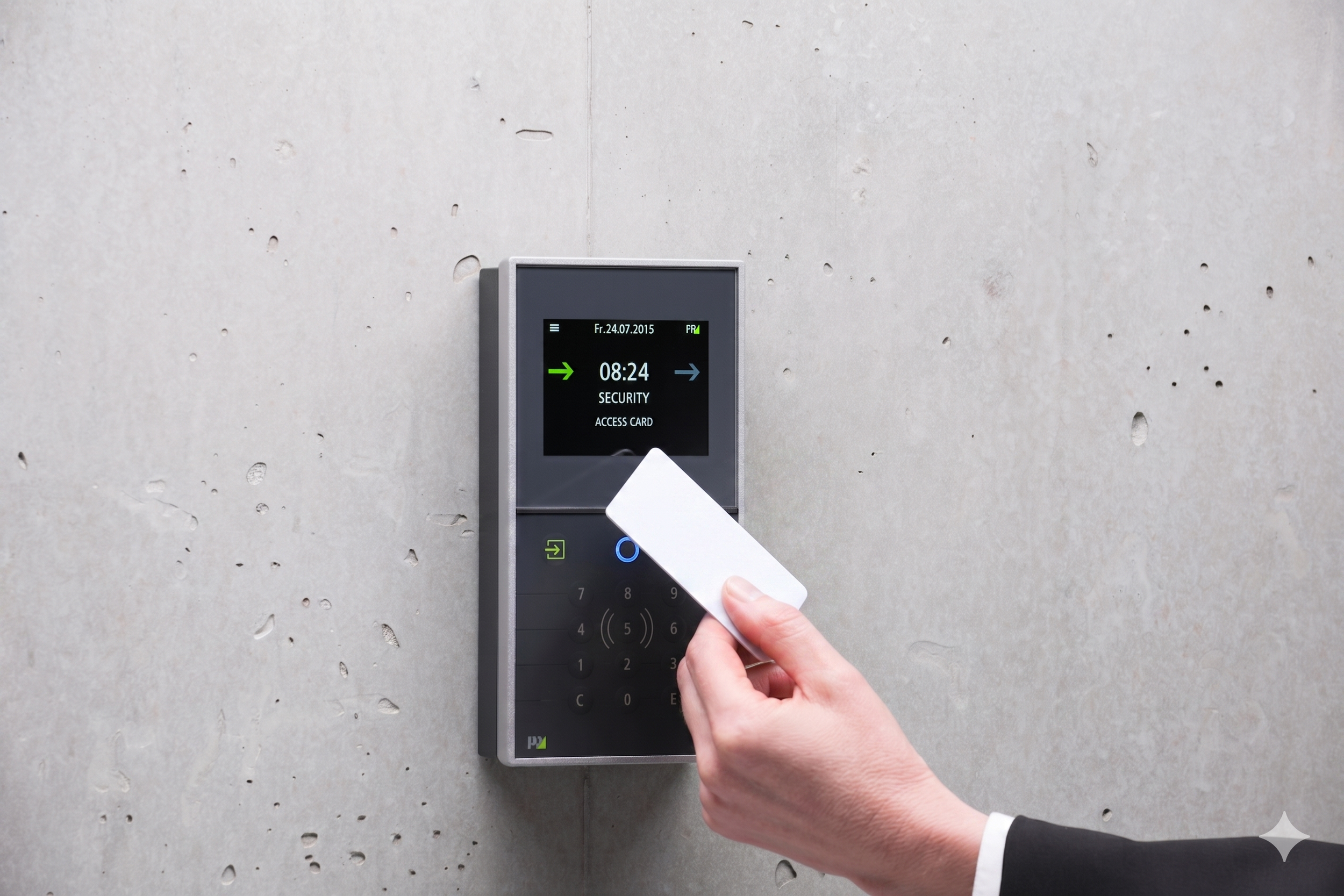 A person holding a white card to a security access keypad mounted on a concrete wall, with the keypad screen displaying the date, time, and access instructions.