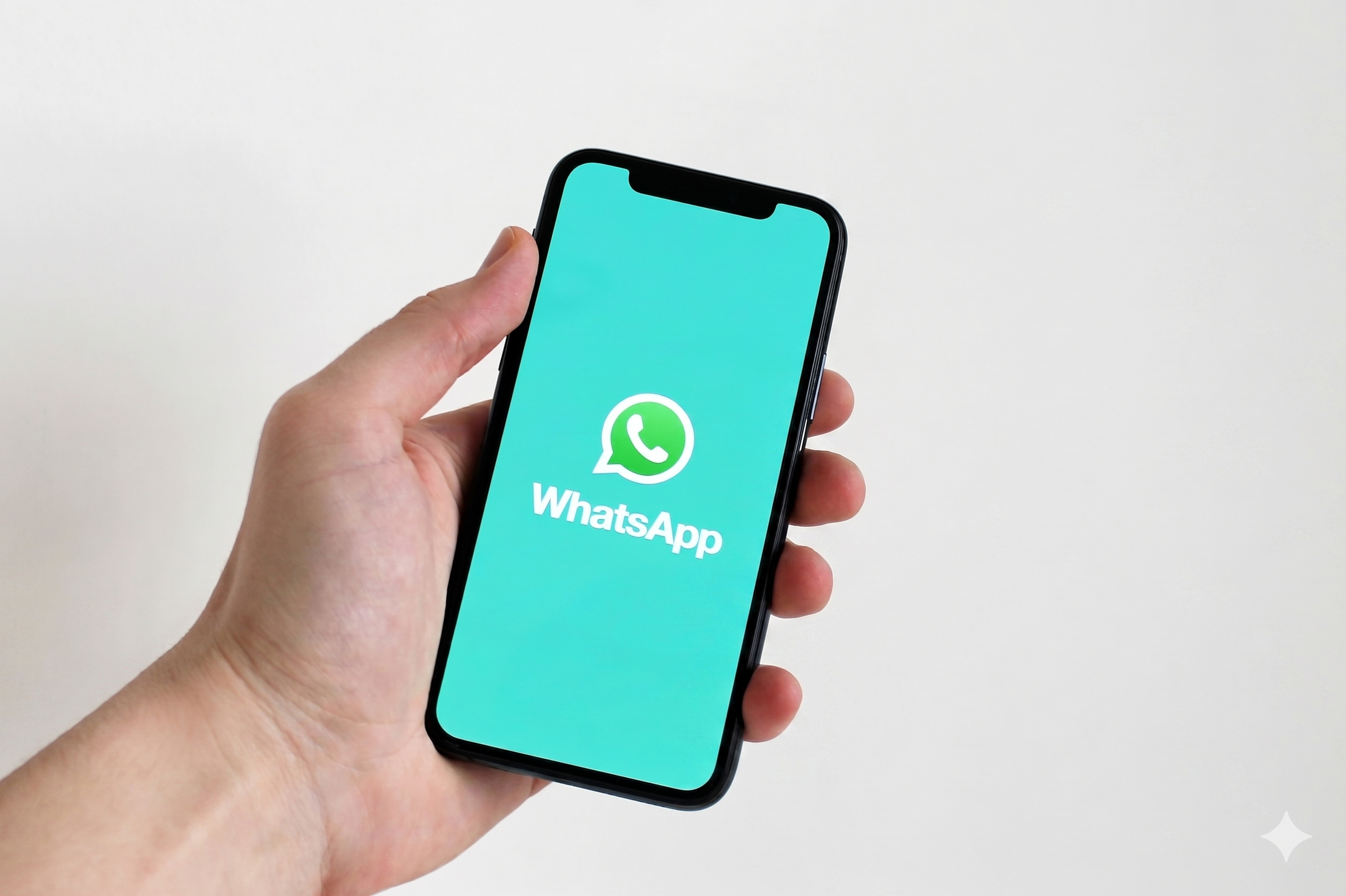 Close-up of a hand holding a smartphone displaying the WhatsApp logo on the screen, against a plain white background.