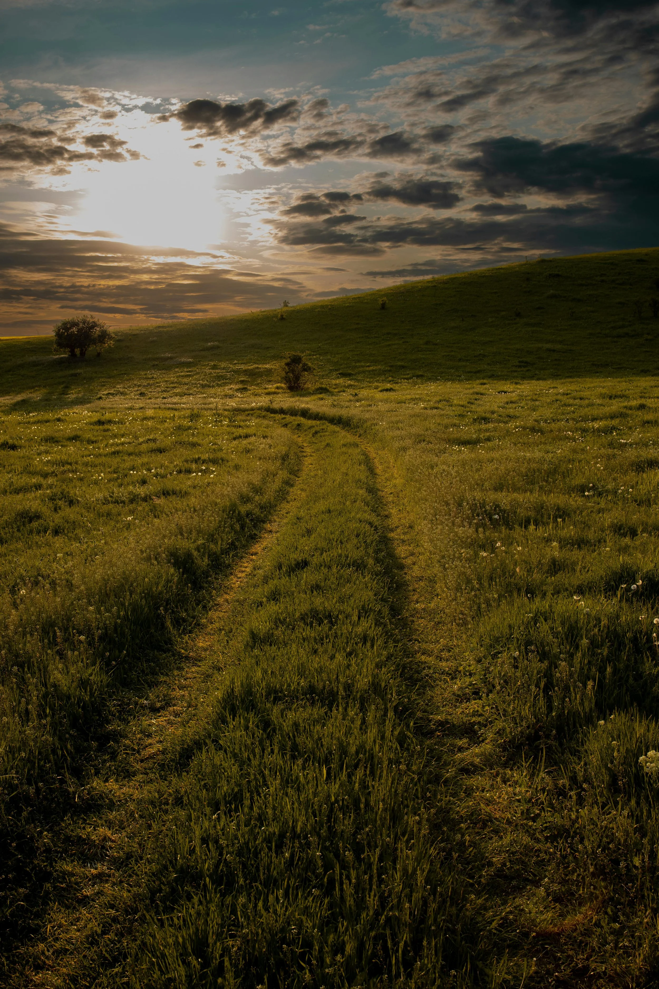 A dirt path running through green grass in a field, leading toward a hill under a partly cloudy sky with the sun shining through clouds.